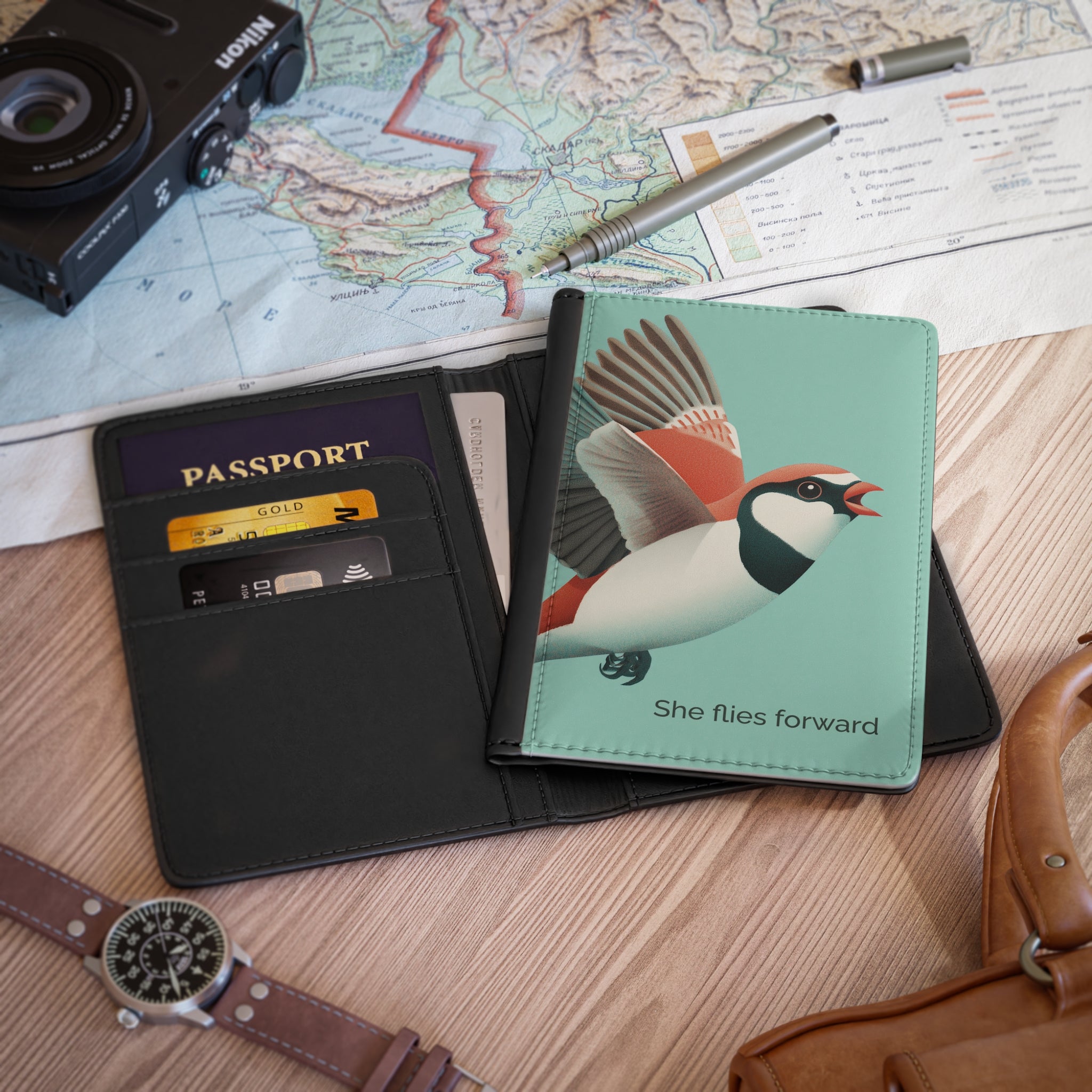 She Flies Forward Passport Holder | Motivational Graphic Green Minimal