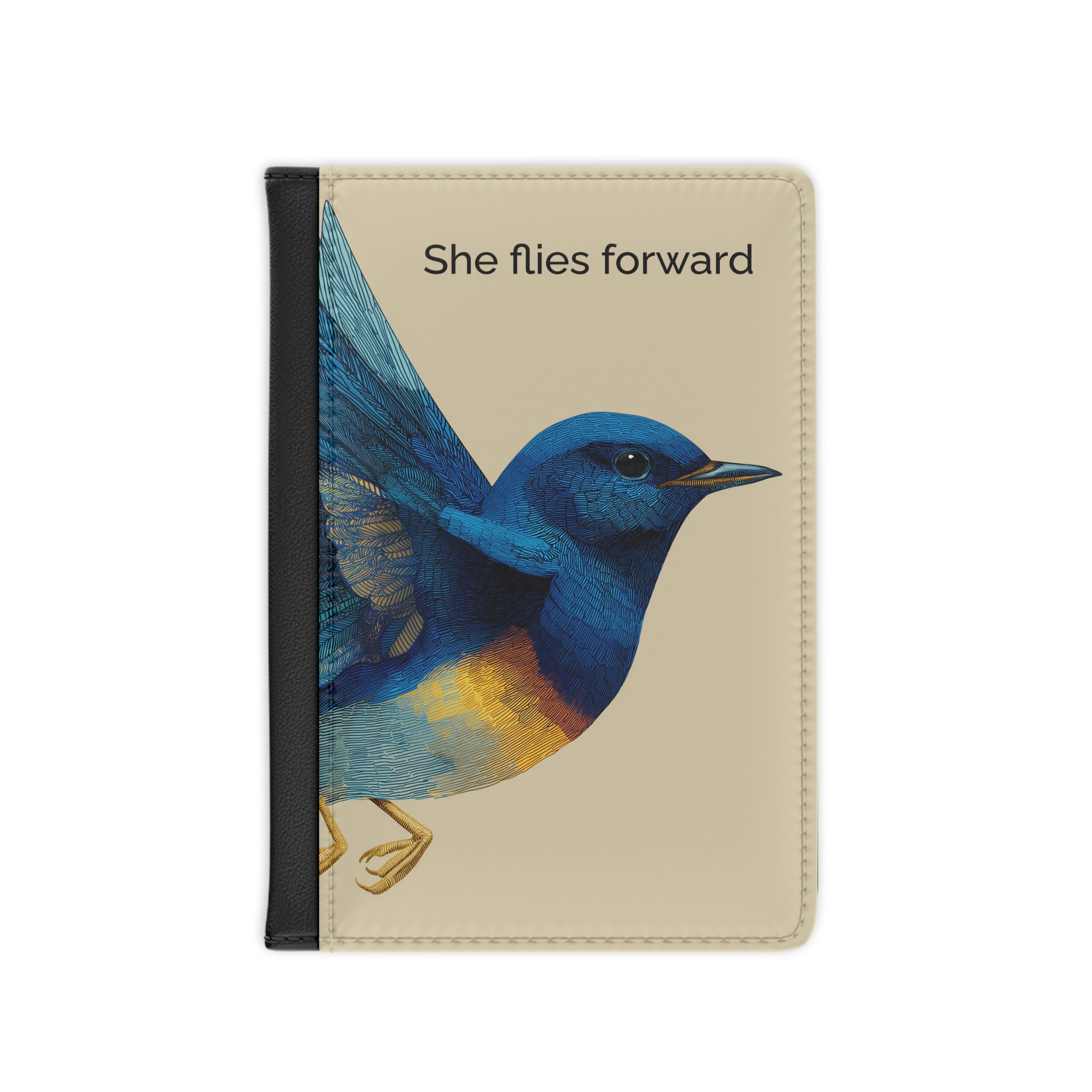 She Flies Forward Passport Holder | Motivational Graphic Deep Horizon Botanical Bird