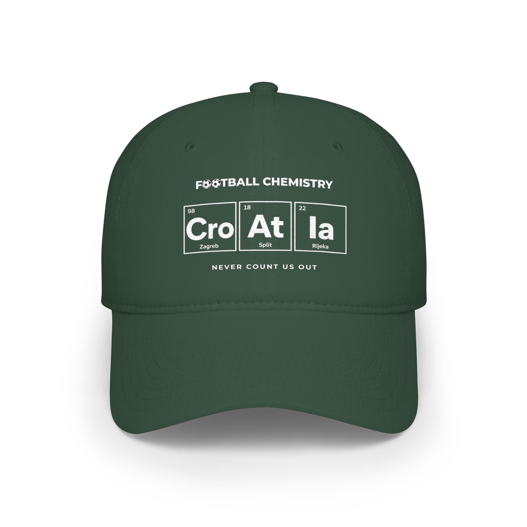 Green baseball cap with "Football Chemistry" and Croatian cities on the front.