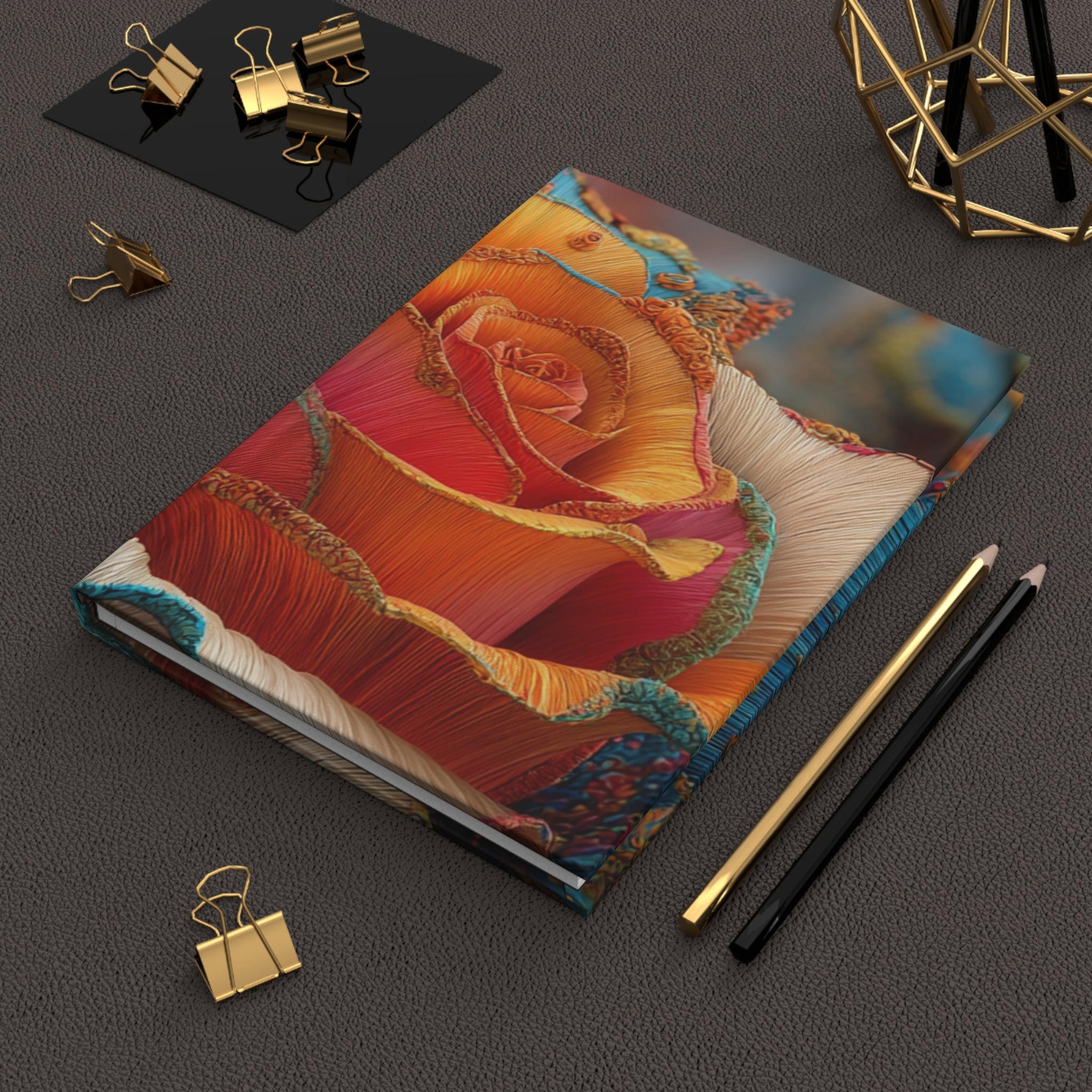 Colorful Surreal Rose Hardcover Journal - 3D Embroidery-Style Botanical Hardcover Journal motivational design