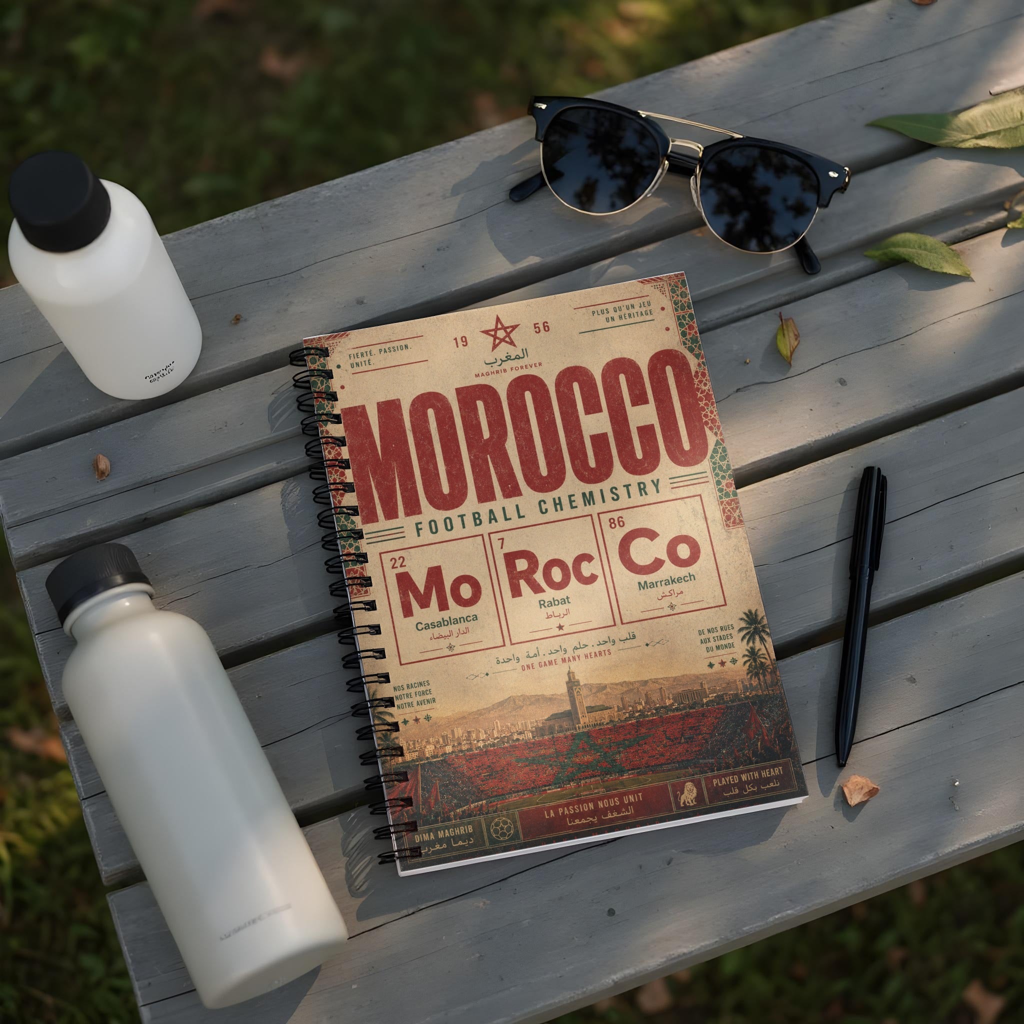 Morocco Football Chemistry notebook with city names and national symbols.