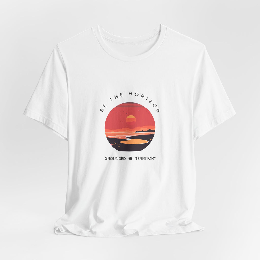 Be the horizon Line | Women's Motivational Graphic Circular Coral and Orange Sunset T-Shirt