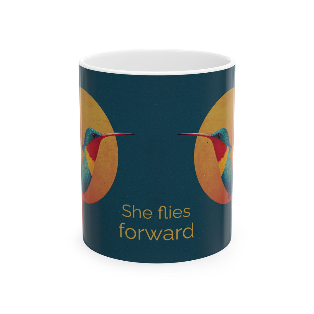 Hummingbird Sunrise Ceramic Mug - Inspirational "She Flies Forward" Coffee Cup Mug motivational design