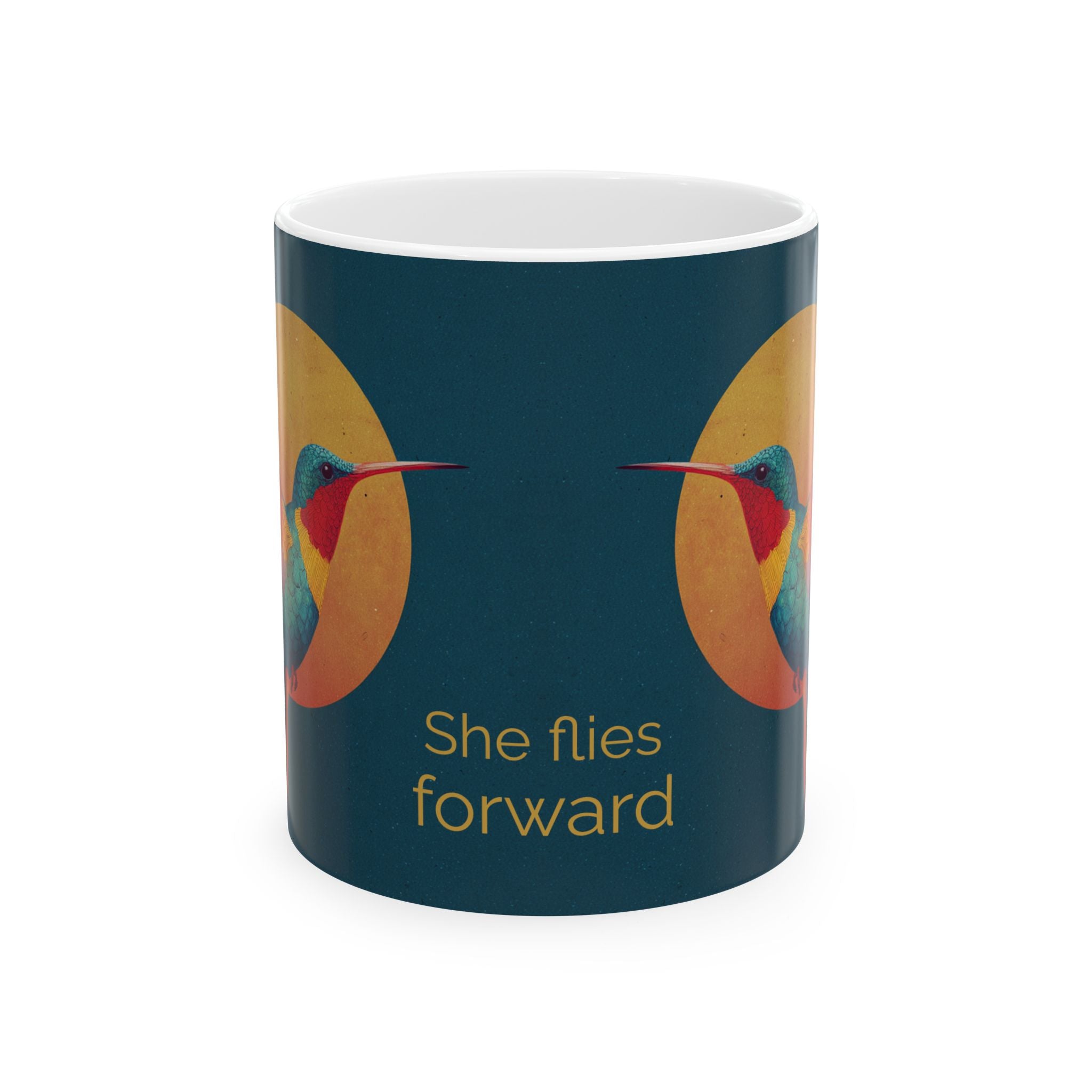 Hummingbird Sunrise Ceramic Mug - Inspirational "She Flies Forward" Coffee Cup Mug motivational design