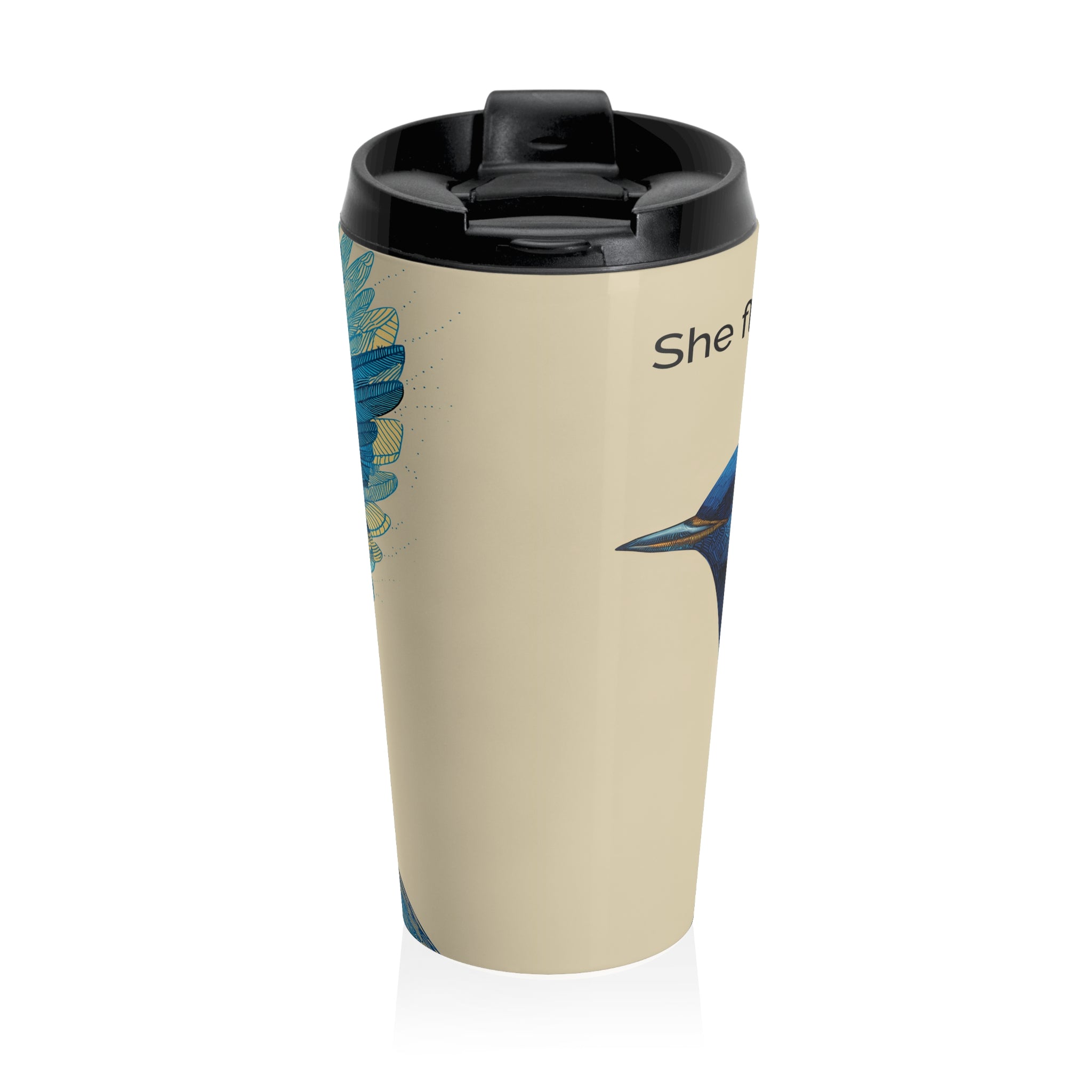 She Flies Forward Stainless Steel Travel Mug | Motivational Graphic Deep Horizon