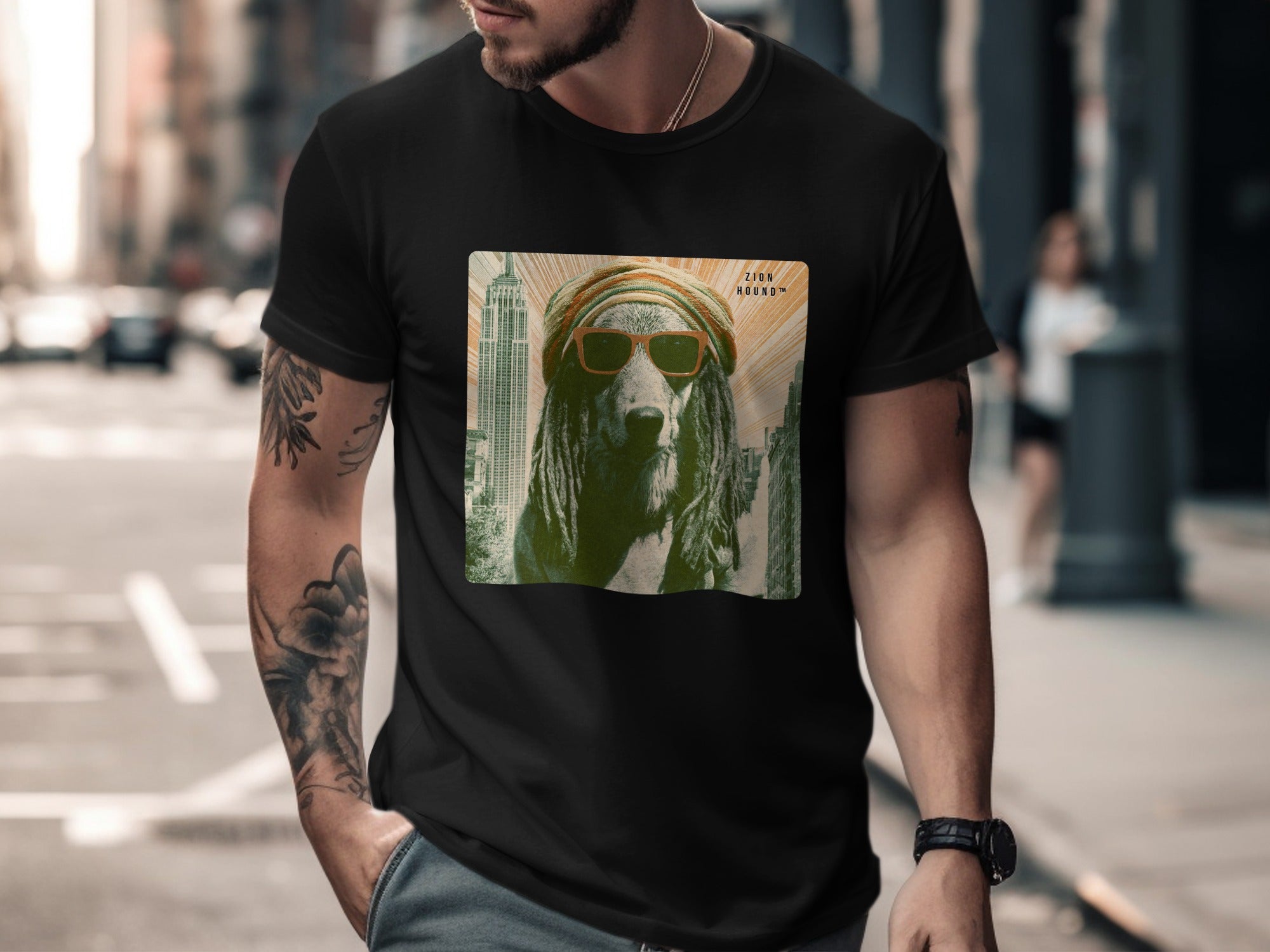 T-shirt with graphic of dog wearing sunglasses and bandana against city background.
