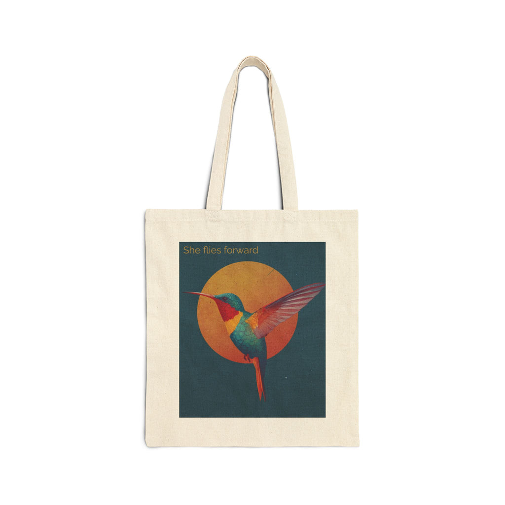 She Flies Forward Cotton Tote Bag | Motivational Graphic Solar Flight