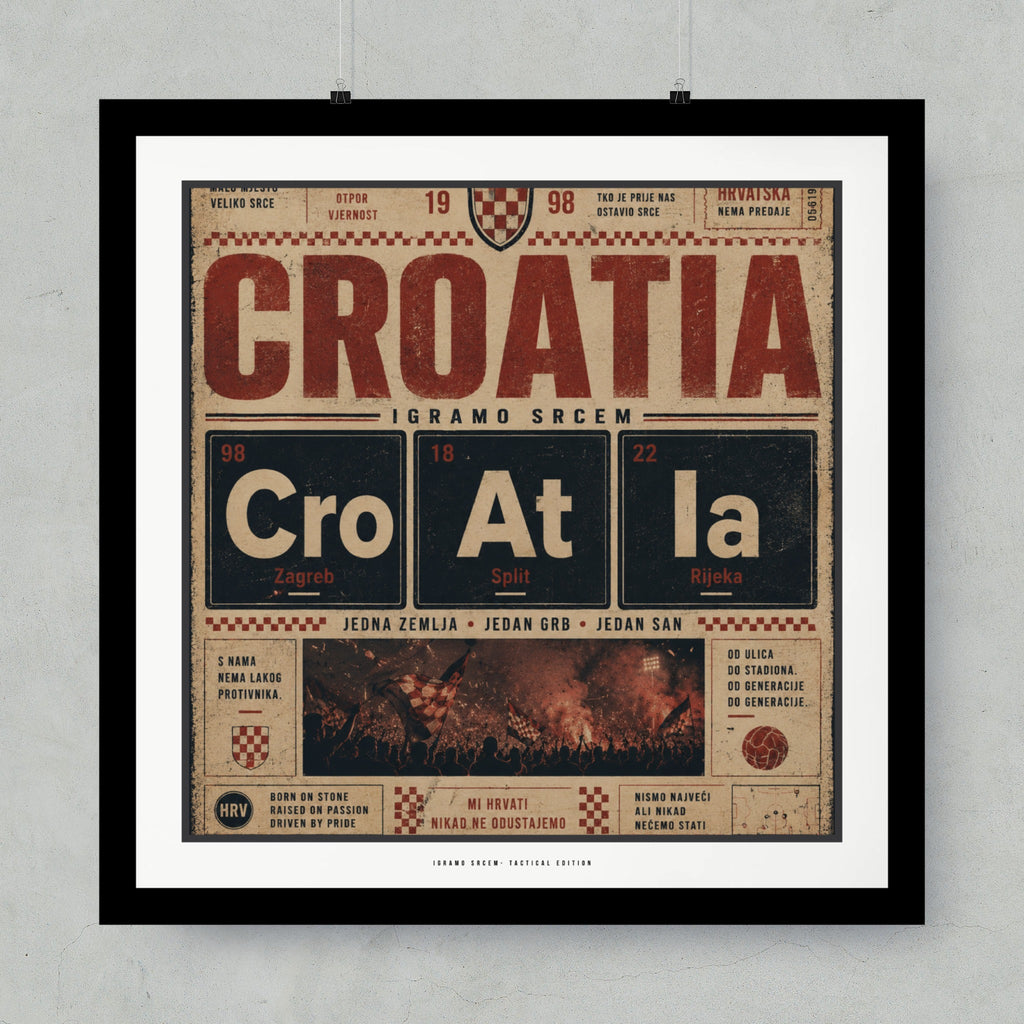 Croatia flag design with periodic table elements, stadium crowds, and inspirational text.