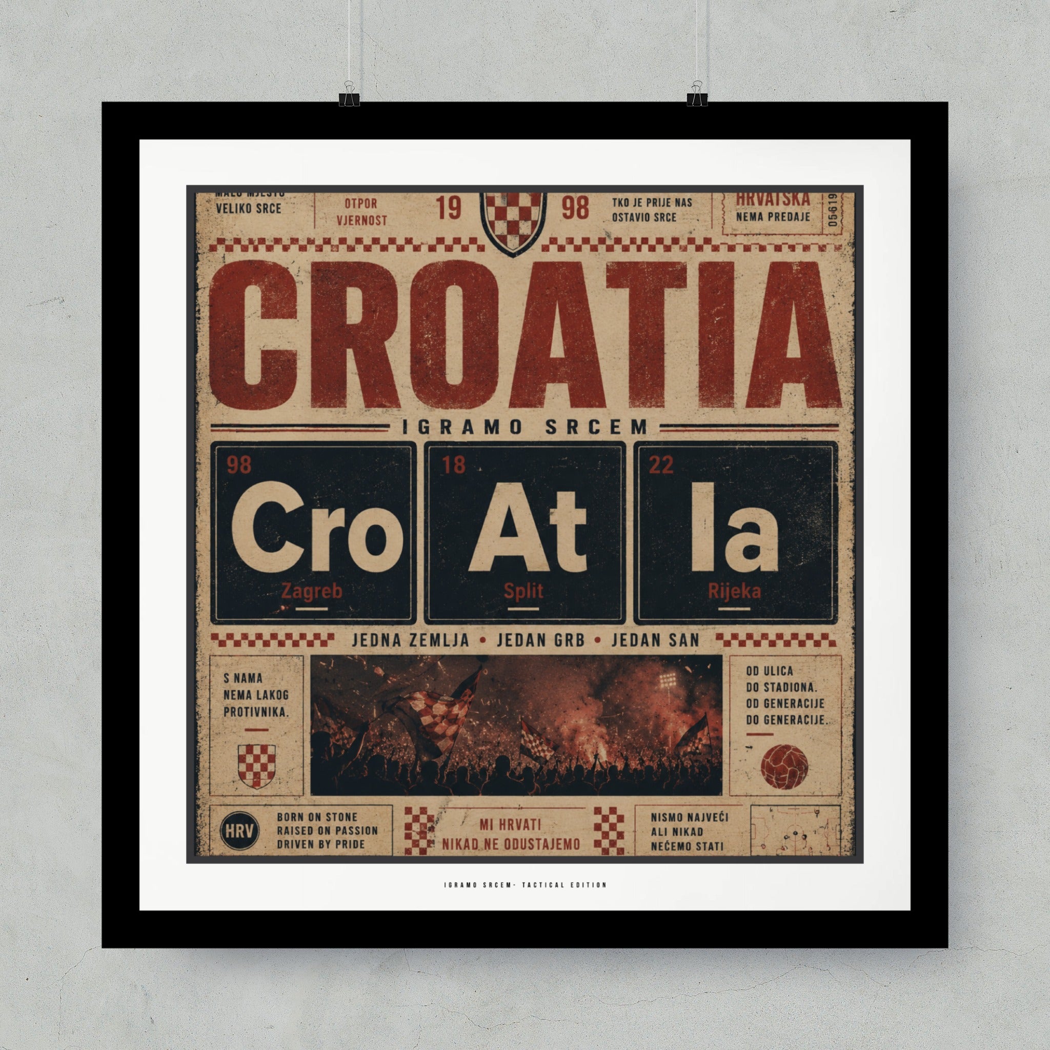 Croatia flag design with periodic table elements, stadium crowds, and inspirational text.