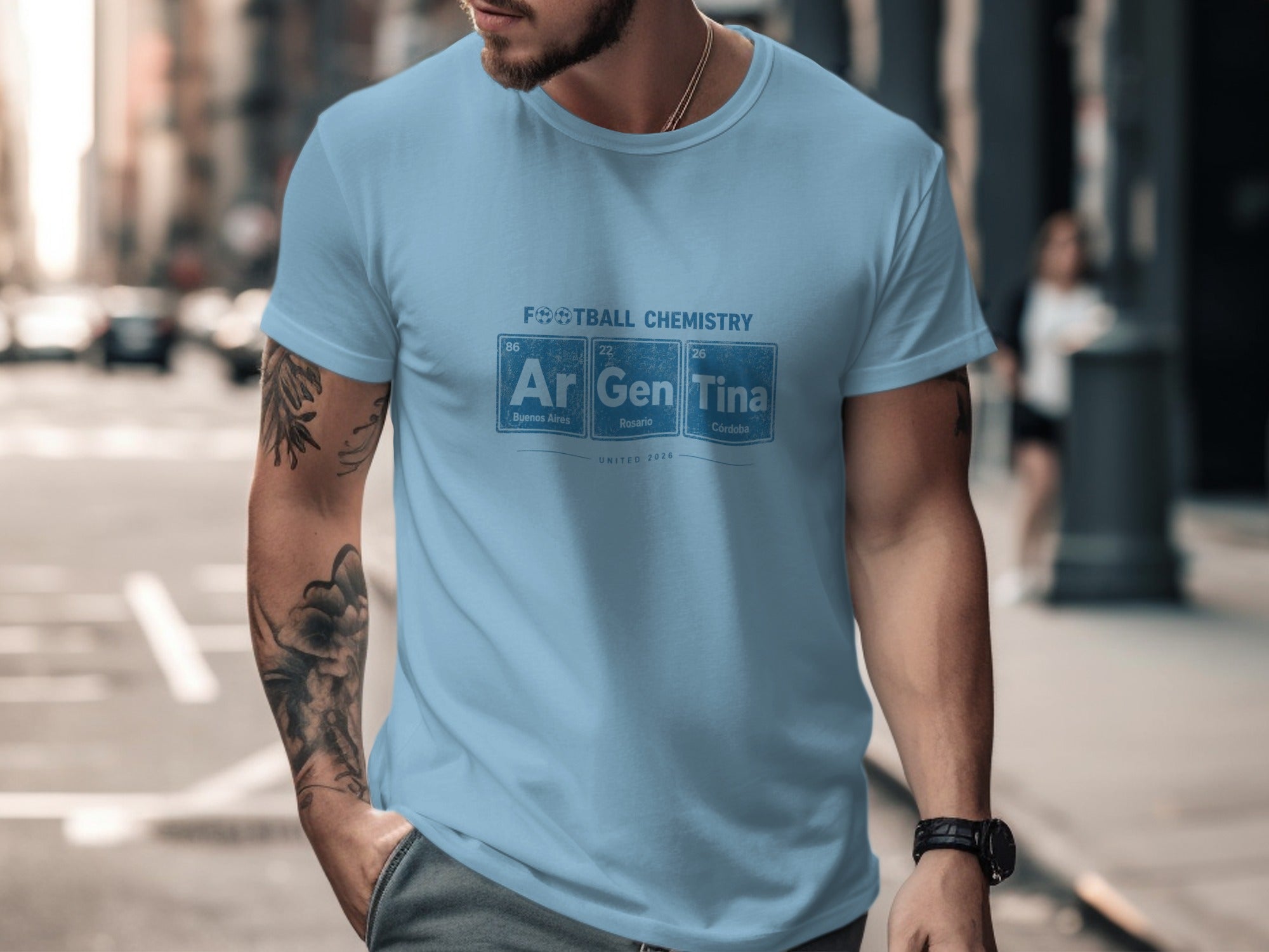 Light blue t-shirt with "Football Chemistry" and "Argentina" in periodic table elements.