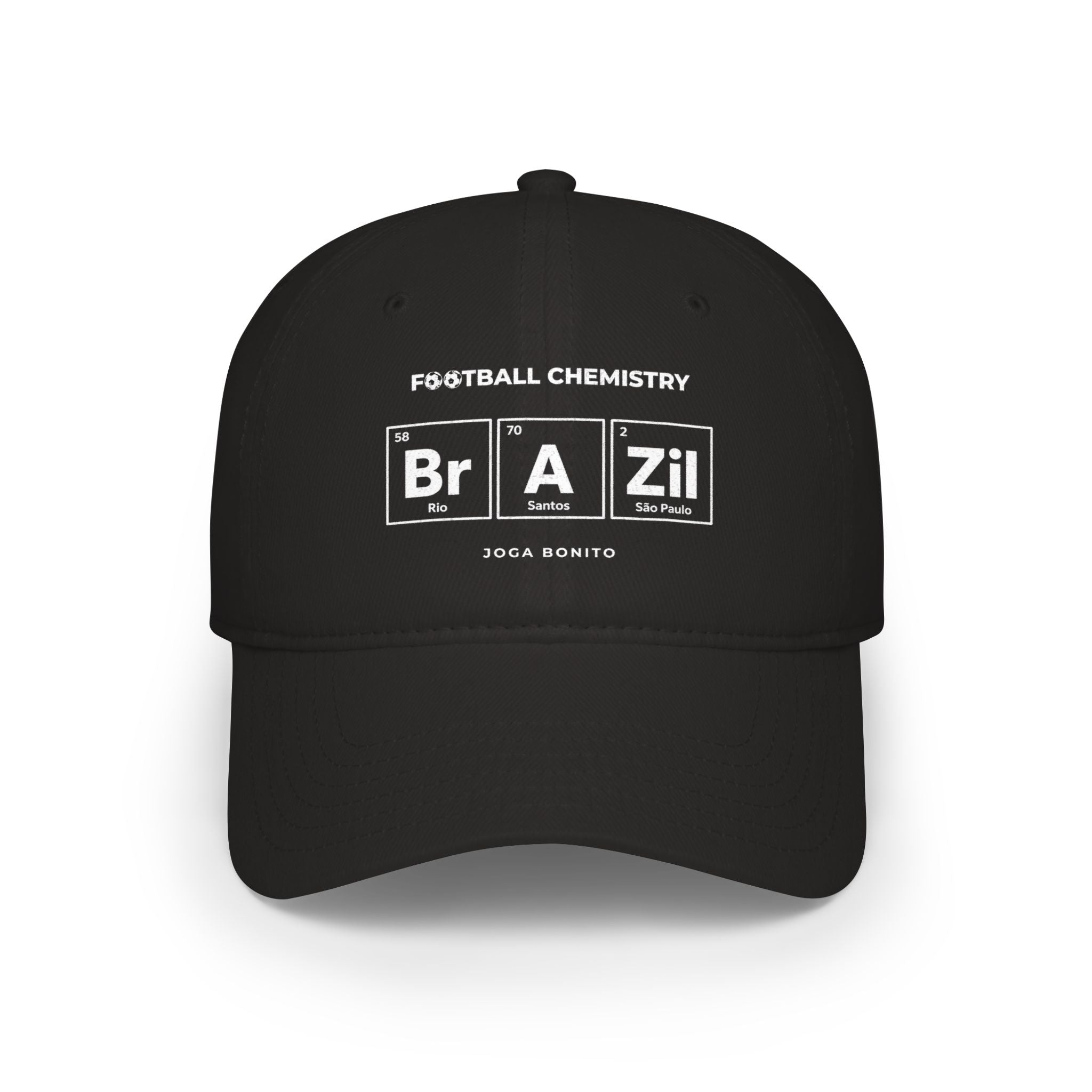 Black baseball cap with "FOOTBALL CHEMISTRY" and periodic table elements representing Rio and Sao Paulo.