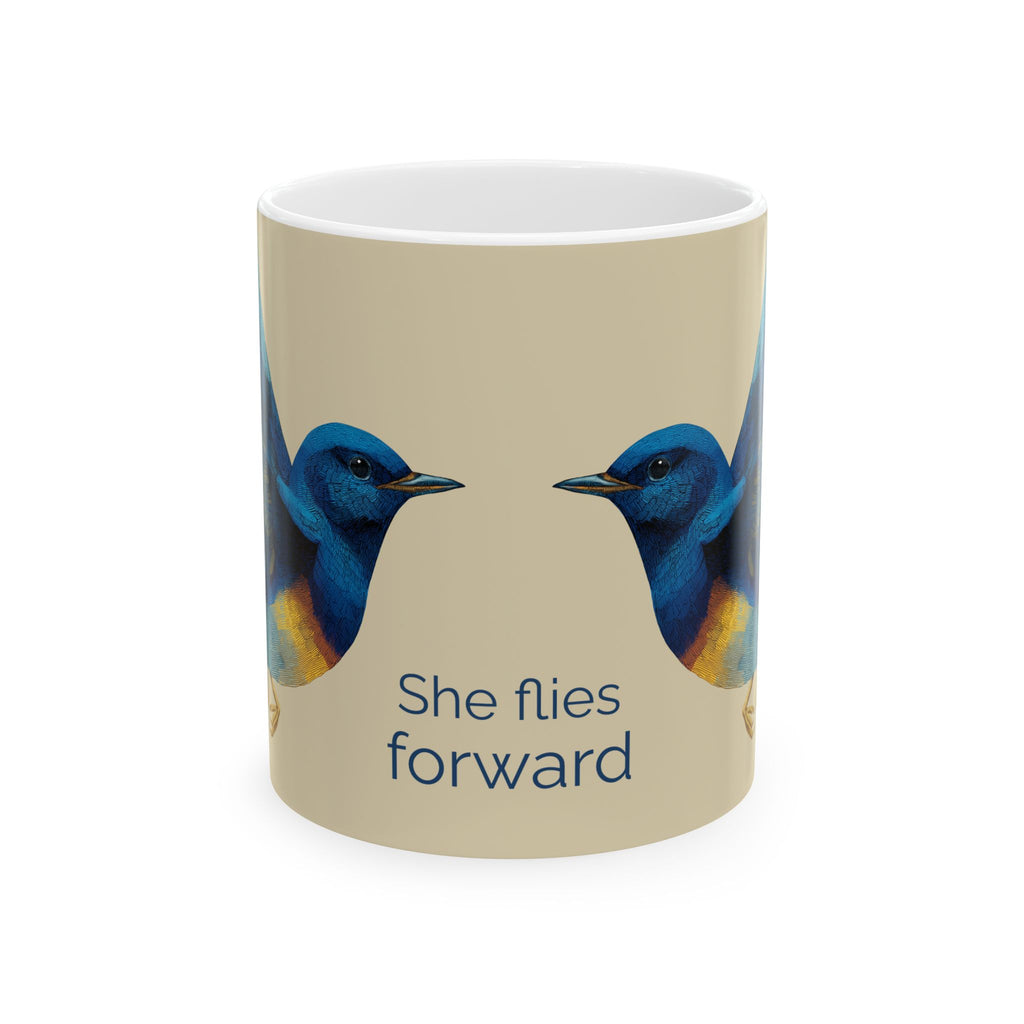 She Flies Forward Ceramic Mug - Inspirational Blue Bird Coffee Cup Mug motivational design