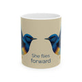 She Flies Forward Ceramic Mug - Inspirational Blue Bird Coffee Cup Mug motivational design