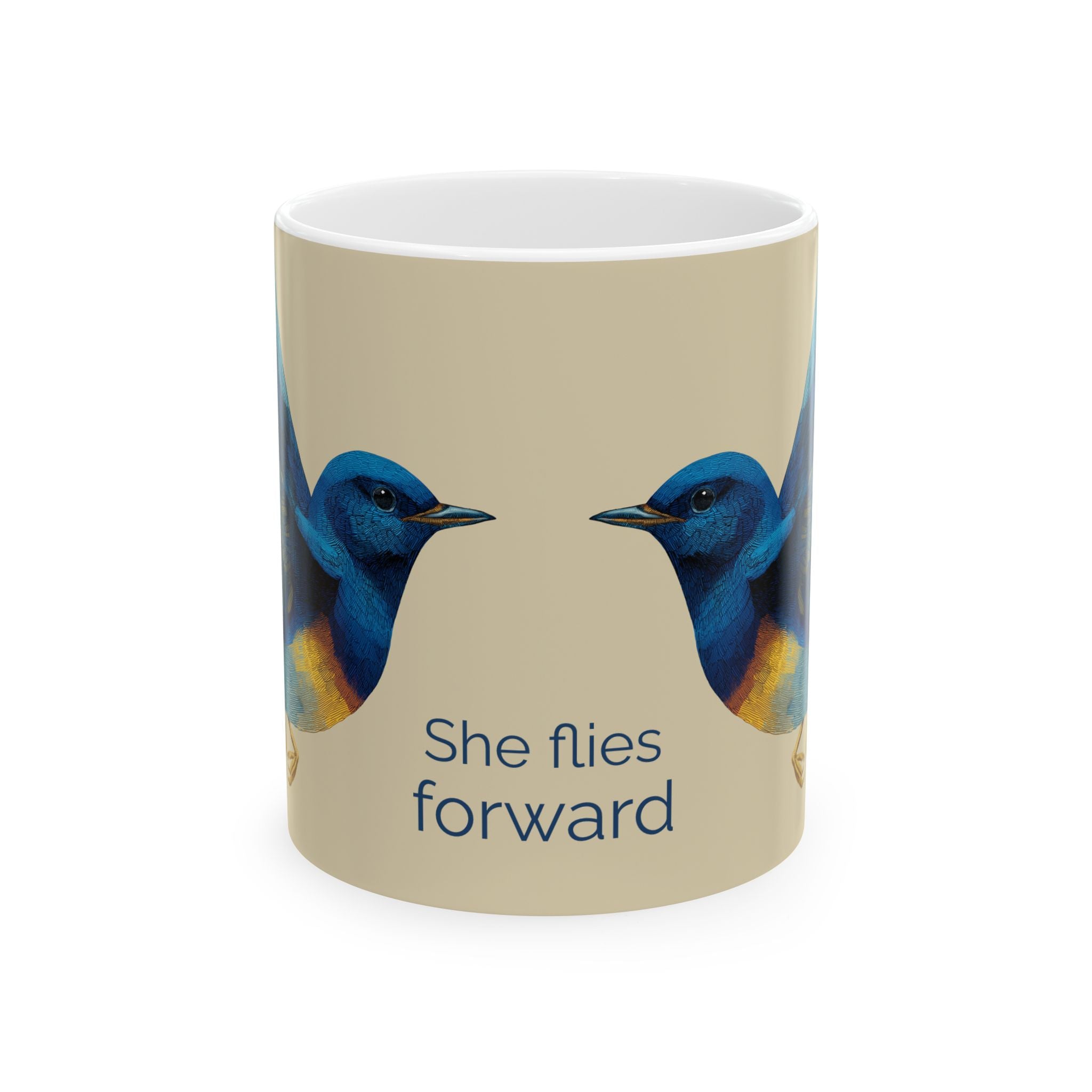 She Flies Forward Ceramic Mug - Inspirational Blue Bird Coffee Cup Mug motivational design