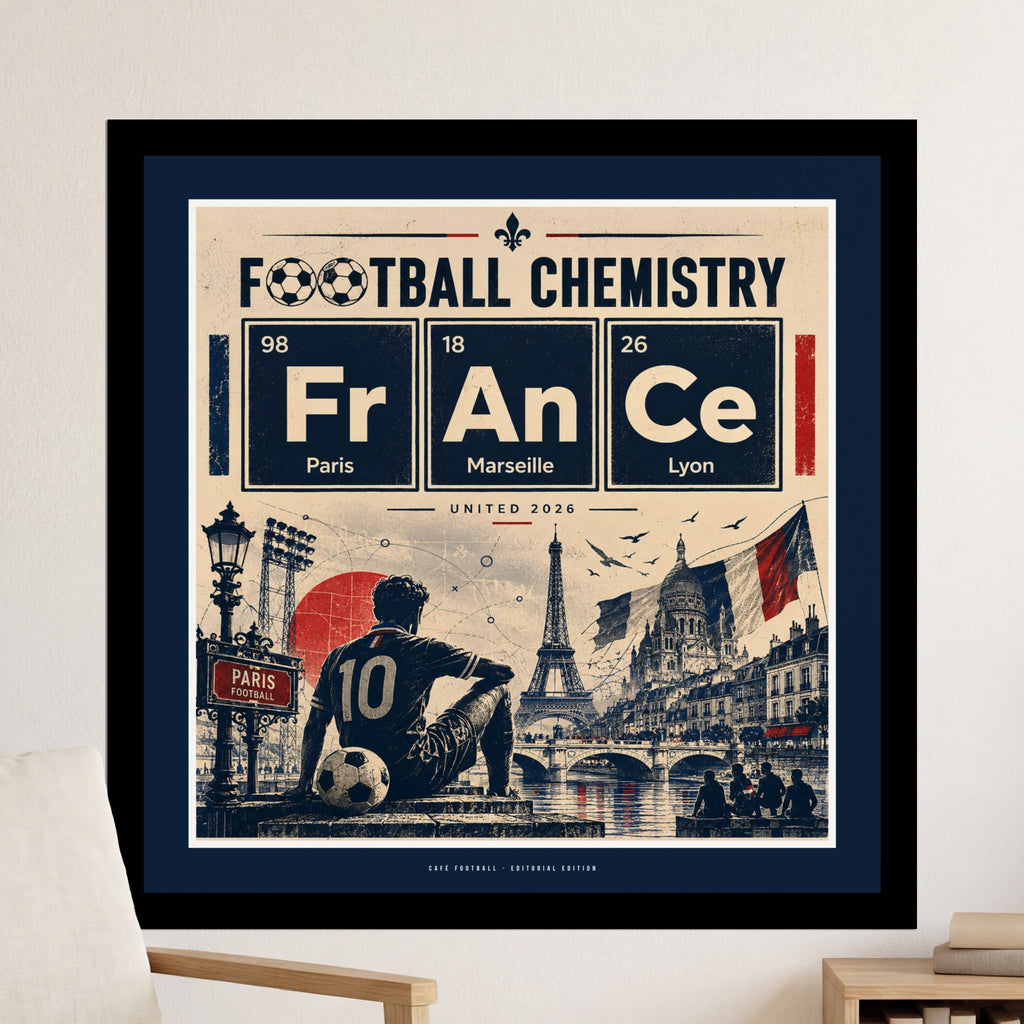 Football Chemistry art with Paris Eiffel Tower and stadium, 2026.
