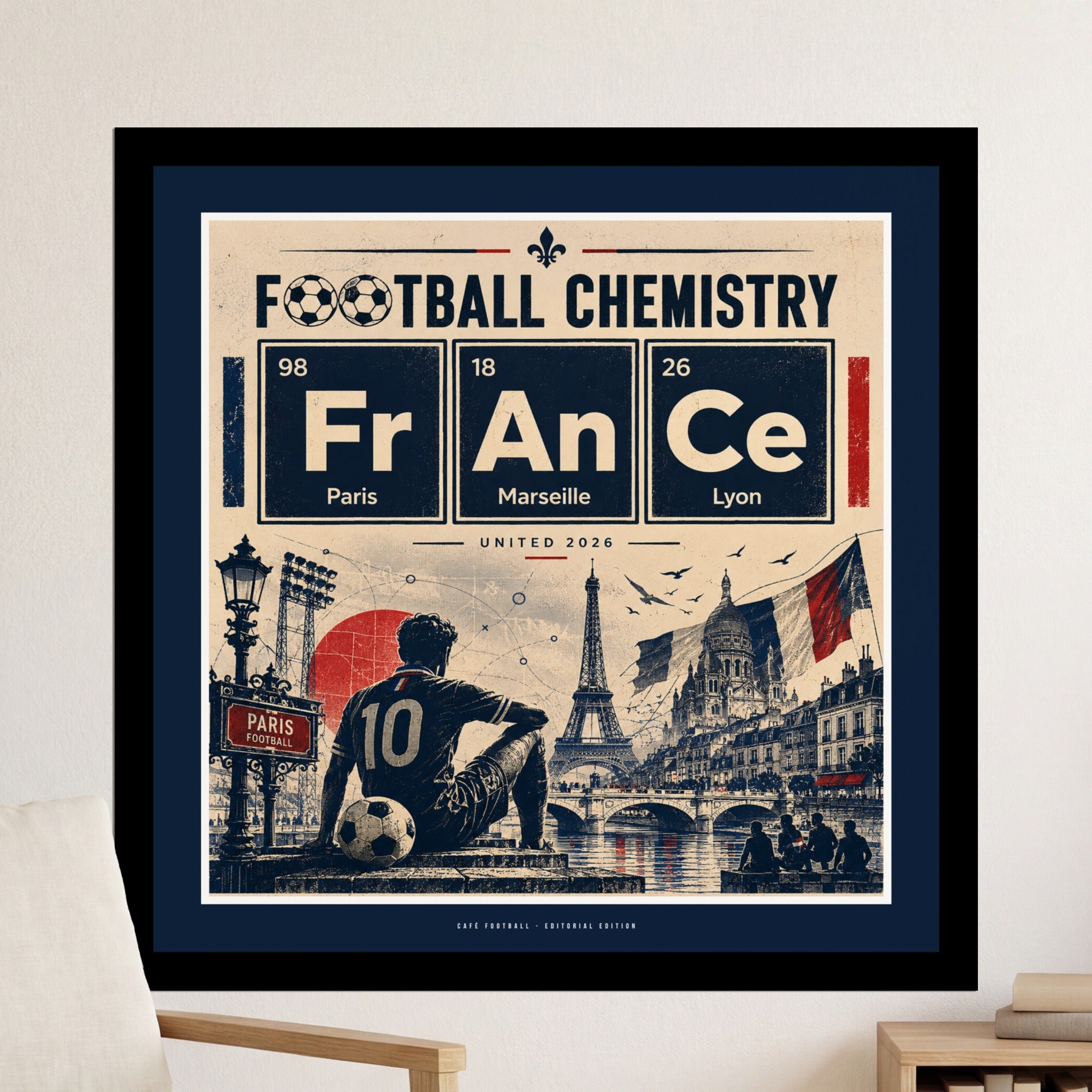 Football Chemistry art with Paris Eiffel Tower and stadium, 2026.