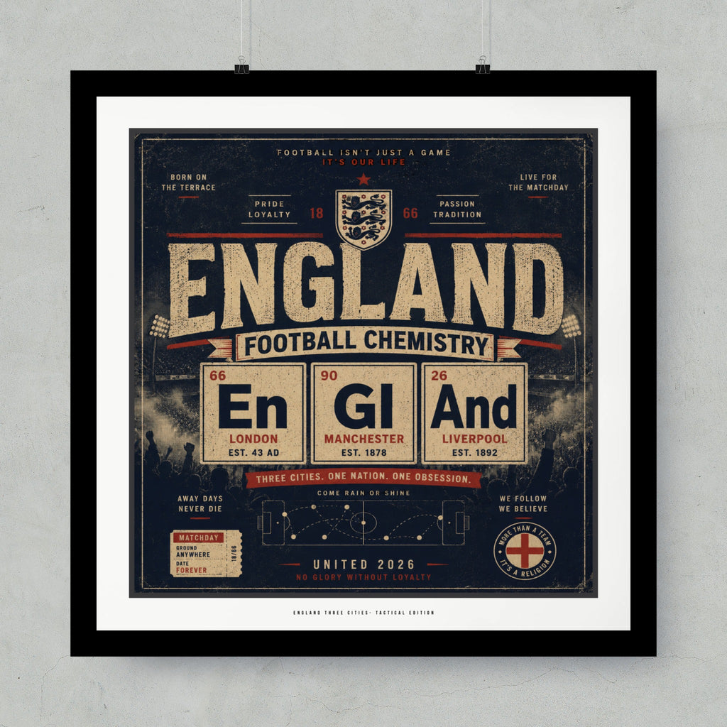 England Football Chemistry poster with London, Manchester, Liverpool and "United 2026".