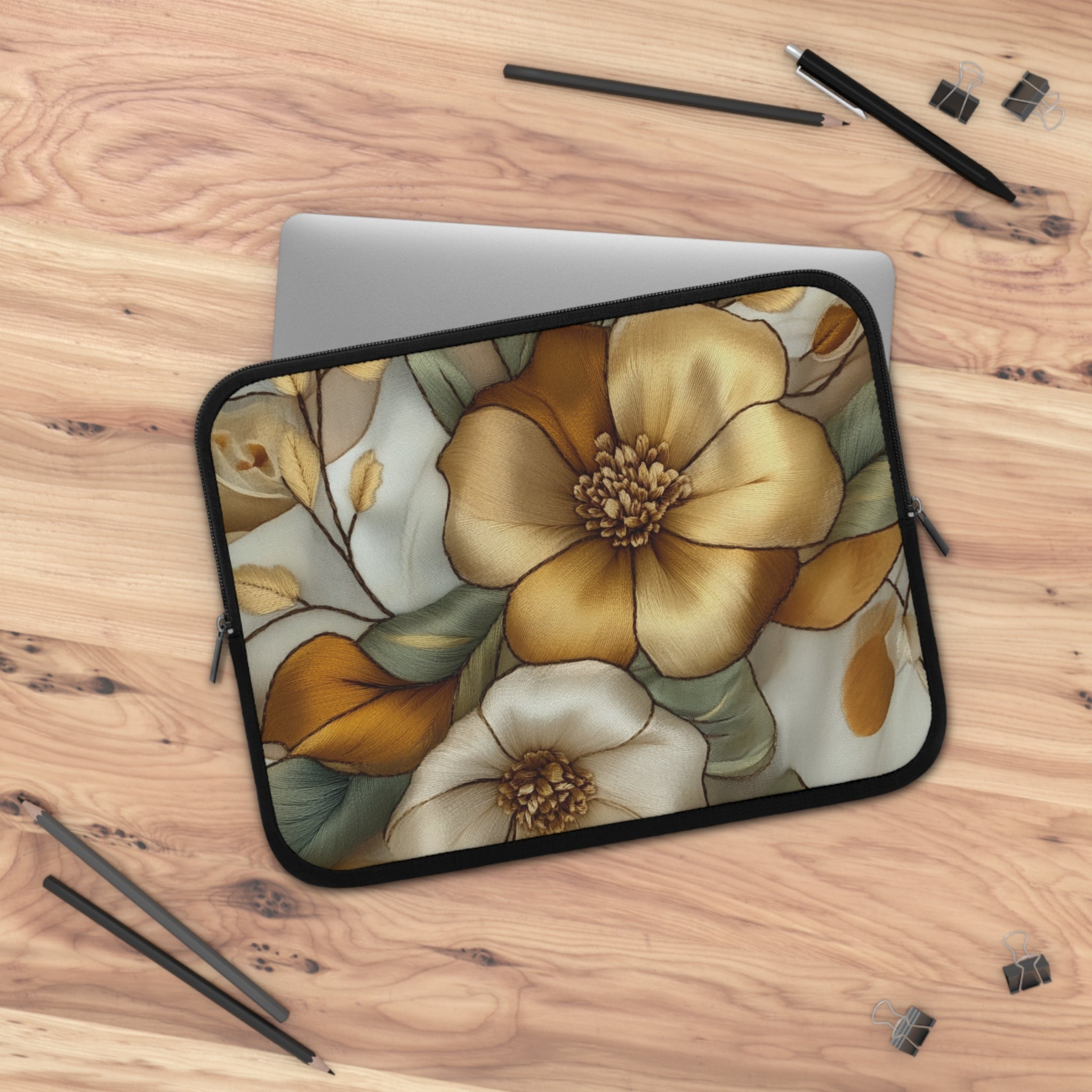 Golden Bloom Laptop Sleeve - 3D Embroidery-Style Botanical Laptop Sleeve motivational design