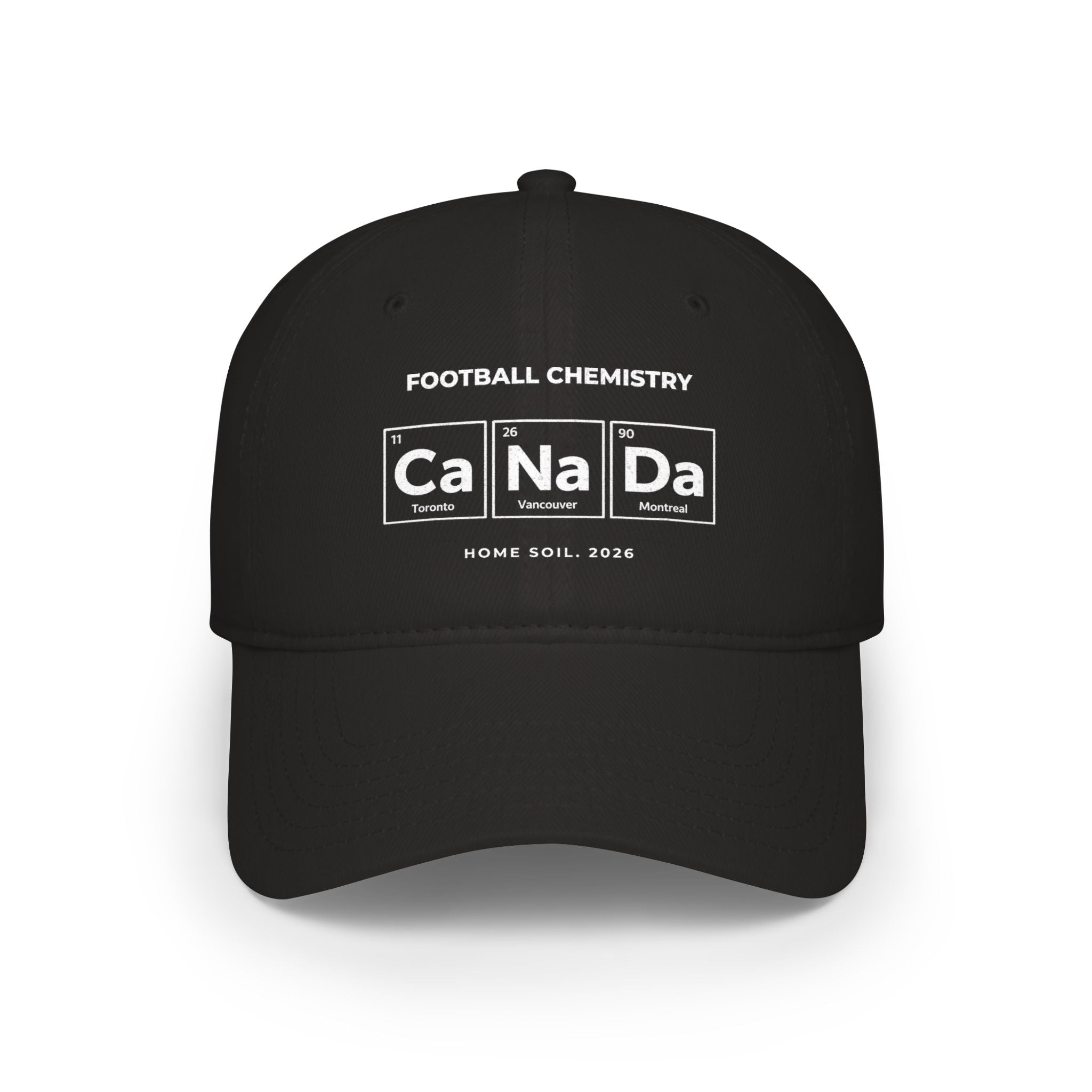 Black baseball cap with "FOOTBALL CHEMISTRY Ca Na Da" text and city names.