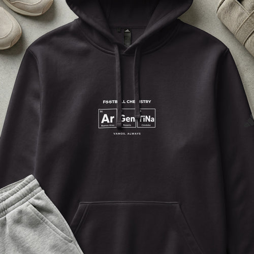Black hoodie with "Football Chemistry" and "Argentina" in a periodic table design.