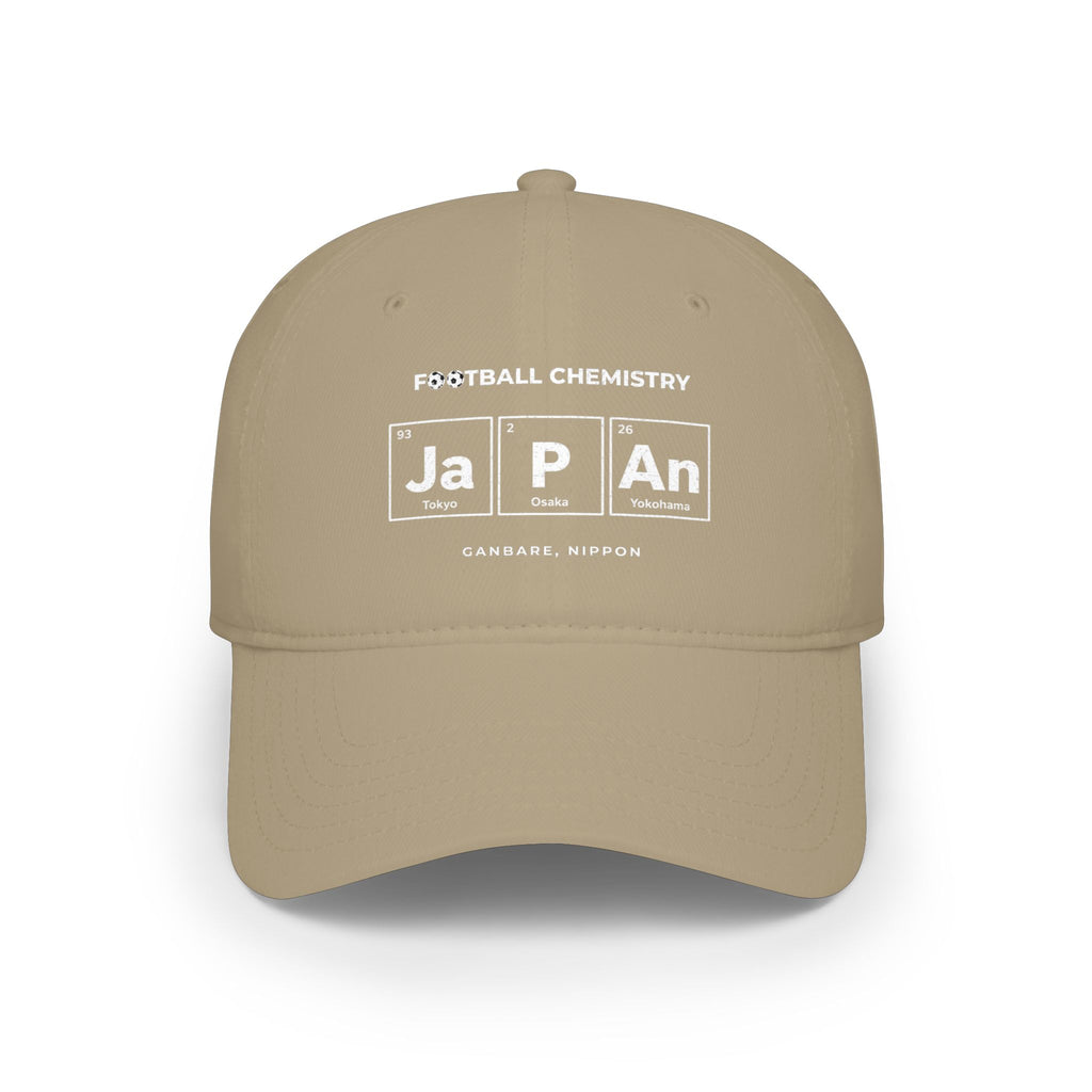 Khaki baseball cap with "FOOTBALL CHEMISTRY" and periodic table elements "Ja P An" for Japan.
