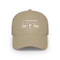 Khaki baseball cap with "FOOTBALL CHEMISTRY" and periodic table elements "Ja P An" for Japan.