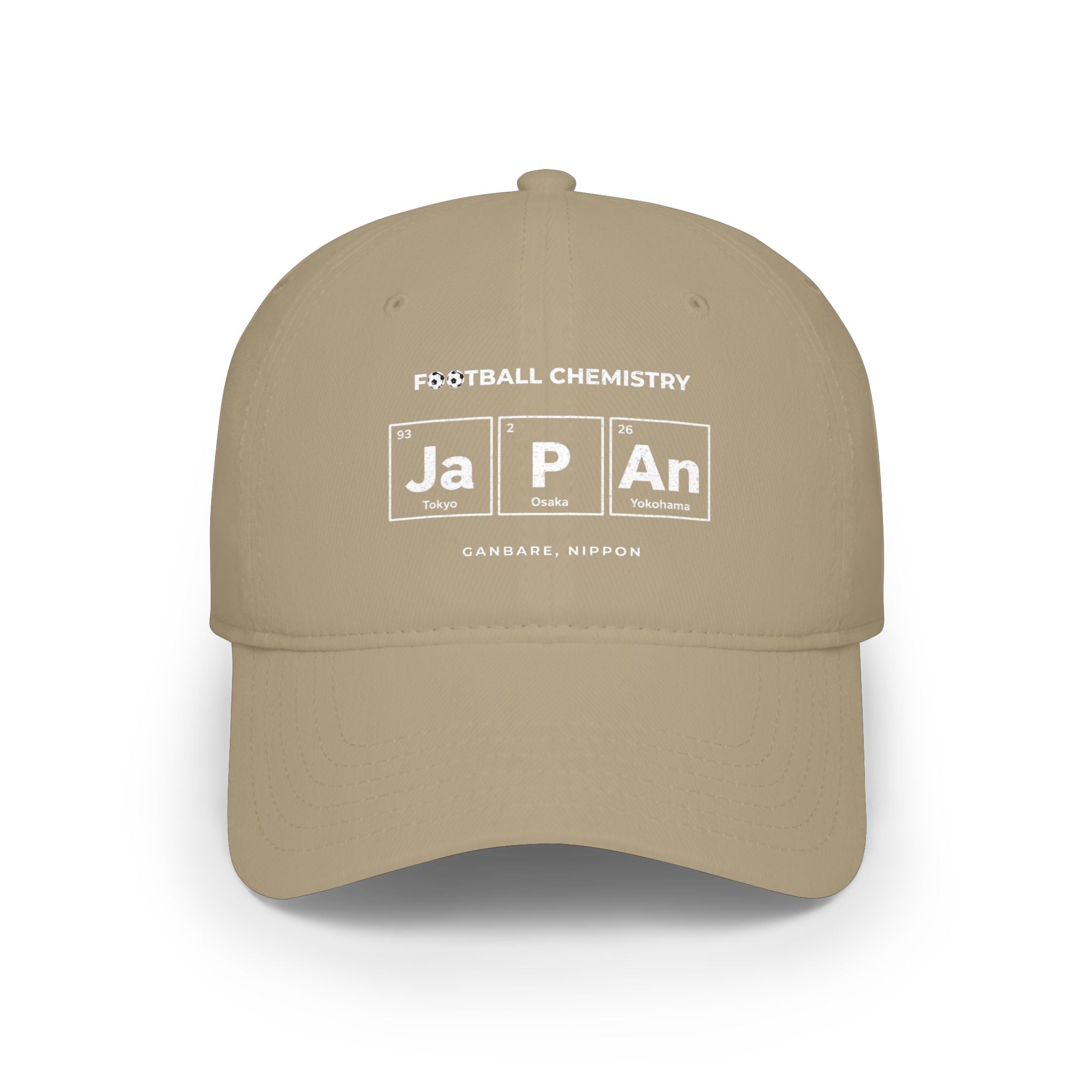 Khaki baseball cap with "FOOTBALL CHEMISTRY" and periodic table elements "Ja P An" for Japan.