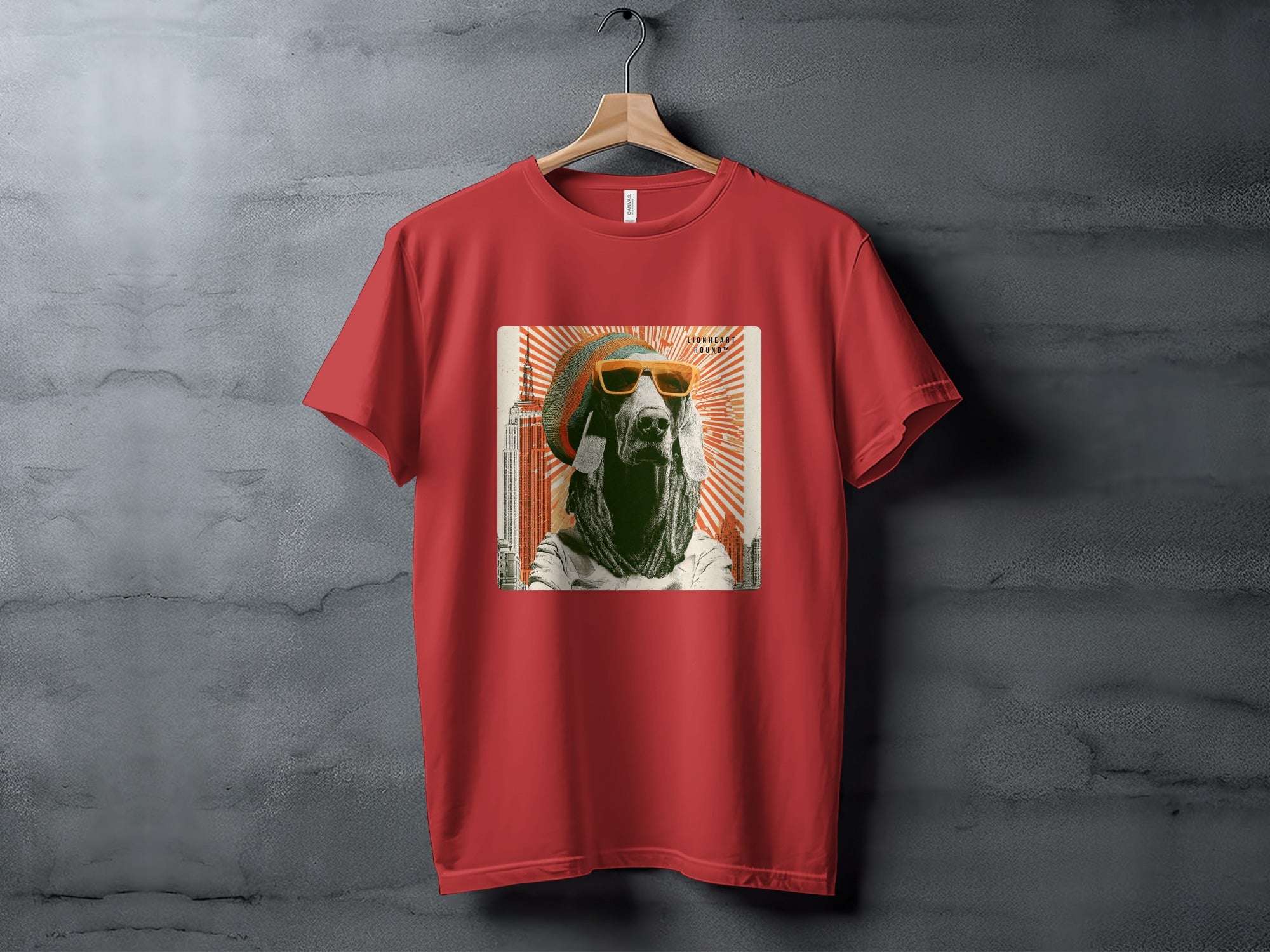 Red t-shirt with a stylized graphic of a dog wearing sunglasses and a hat.