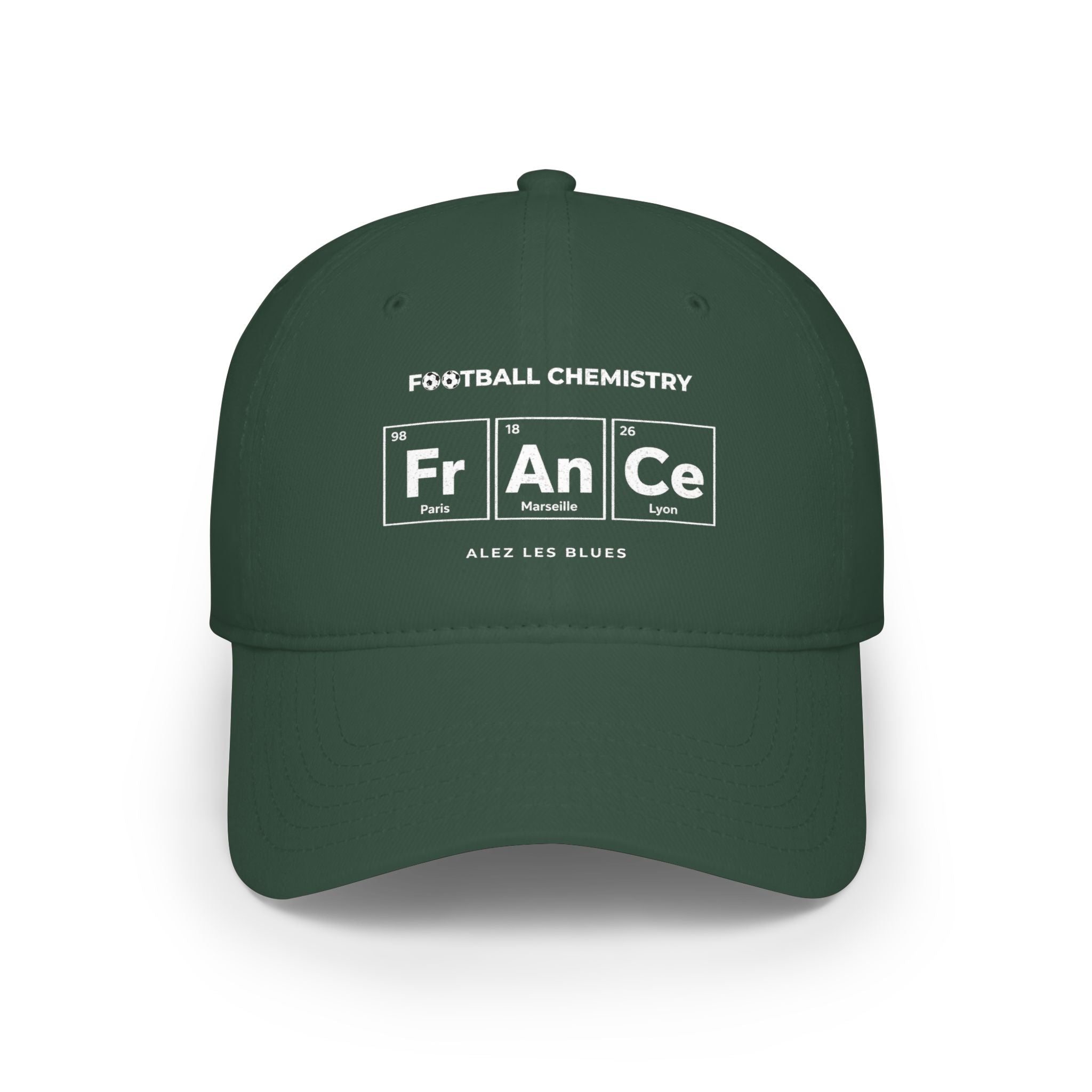 Green baseball cap with "Football Chemistry" and chemical elements for Fr, An, and Ce.