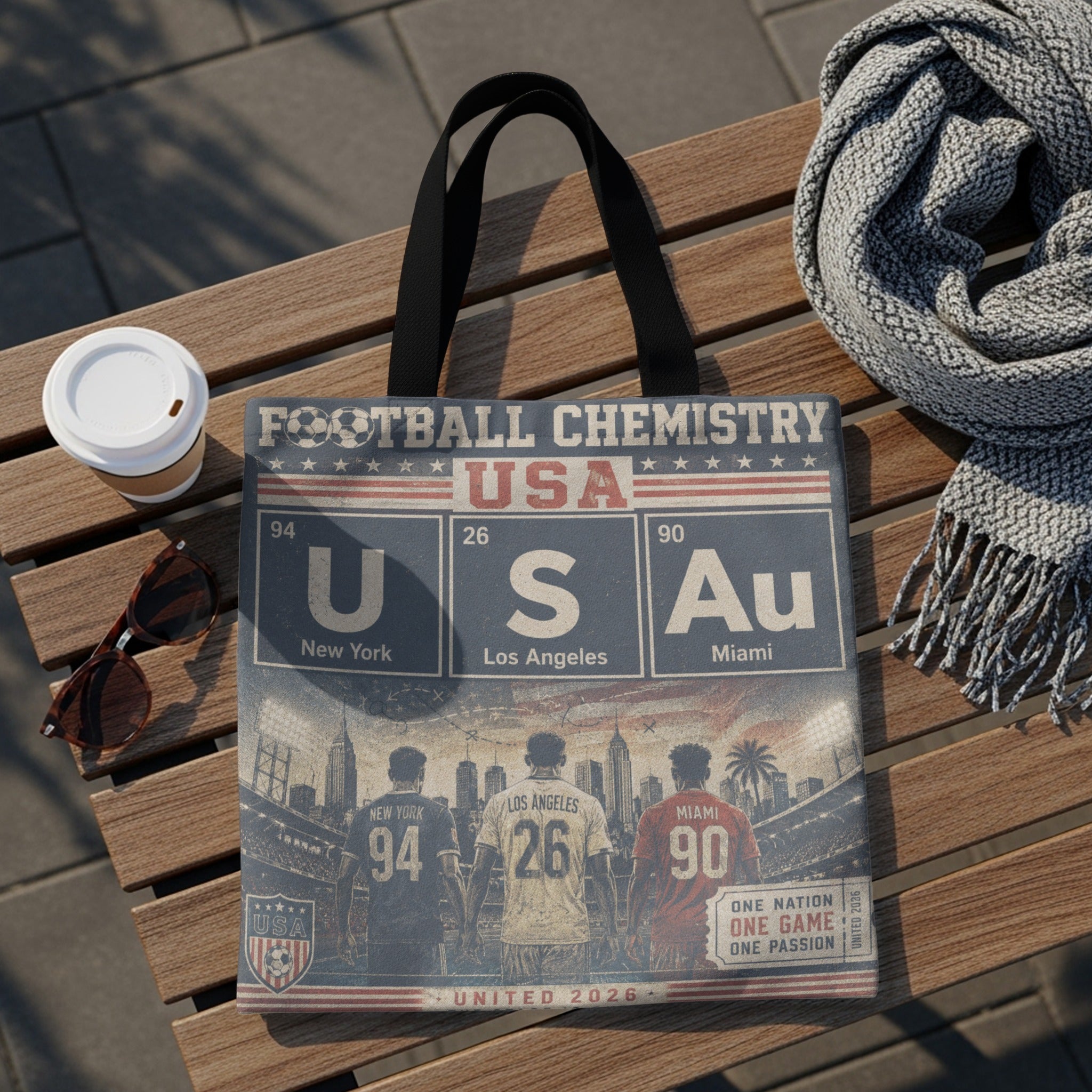 Tote bag with "Football Chemistry USA" design featuring atomic symbols and US cities.