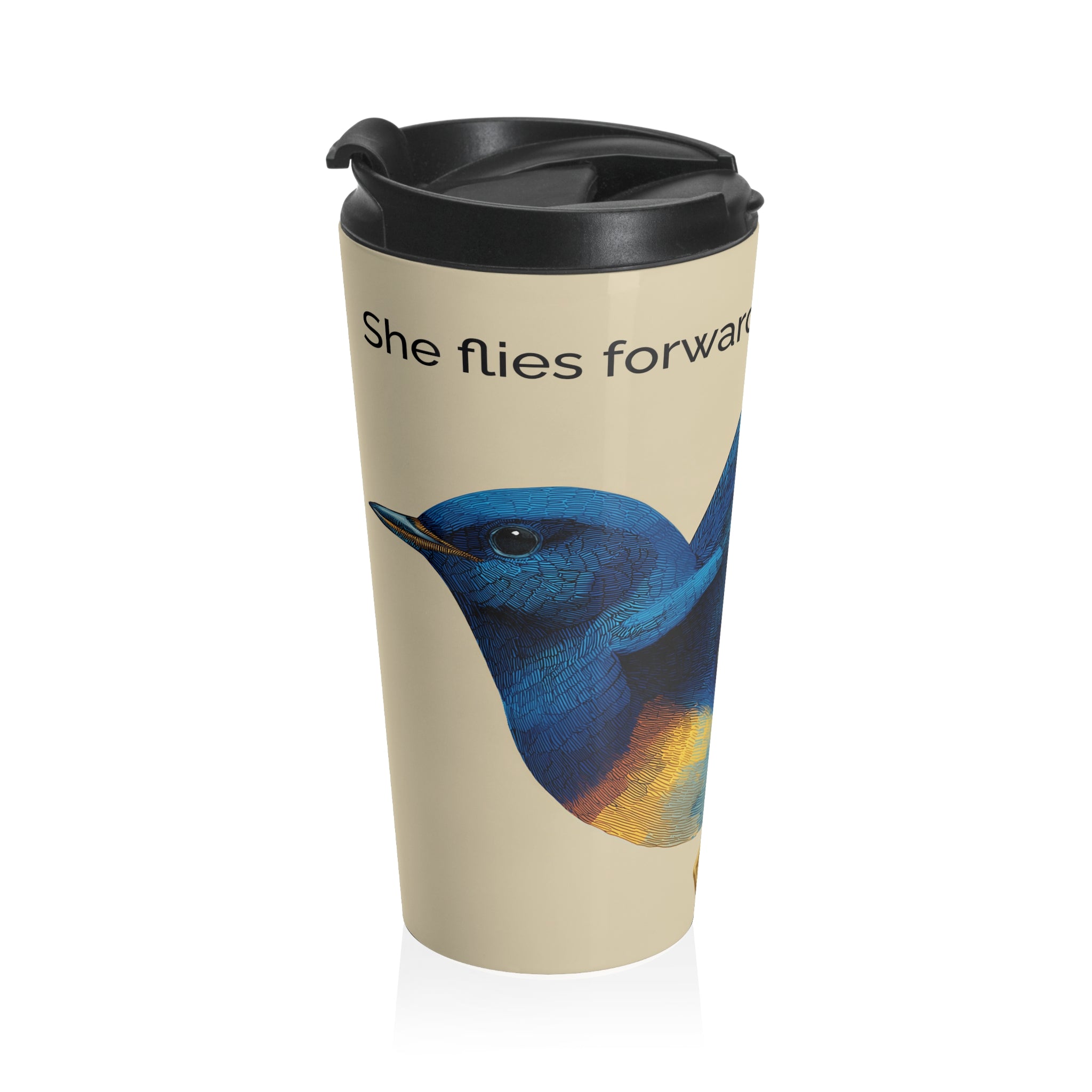 She Flies Forward Stainless Steel Travel Mug | Motivational Graphic Deep Horizon