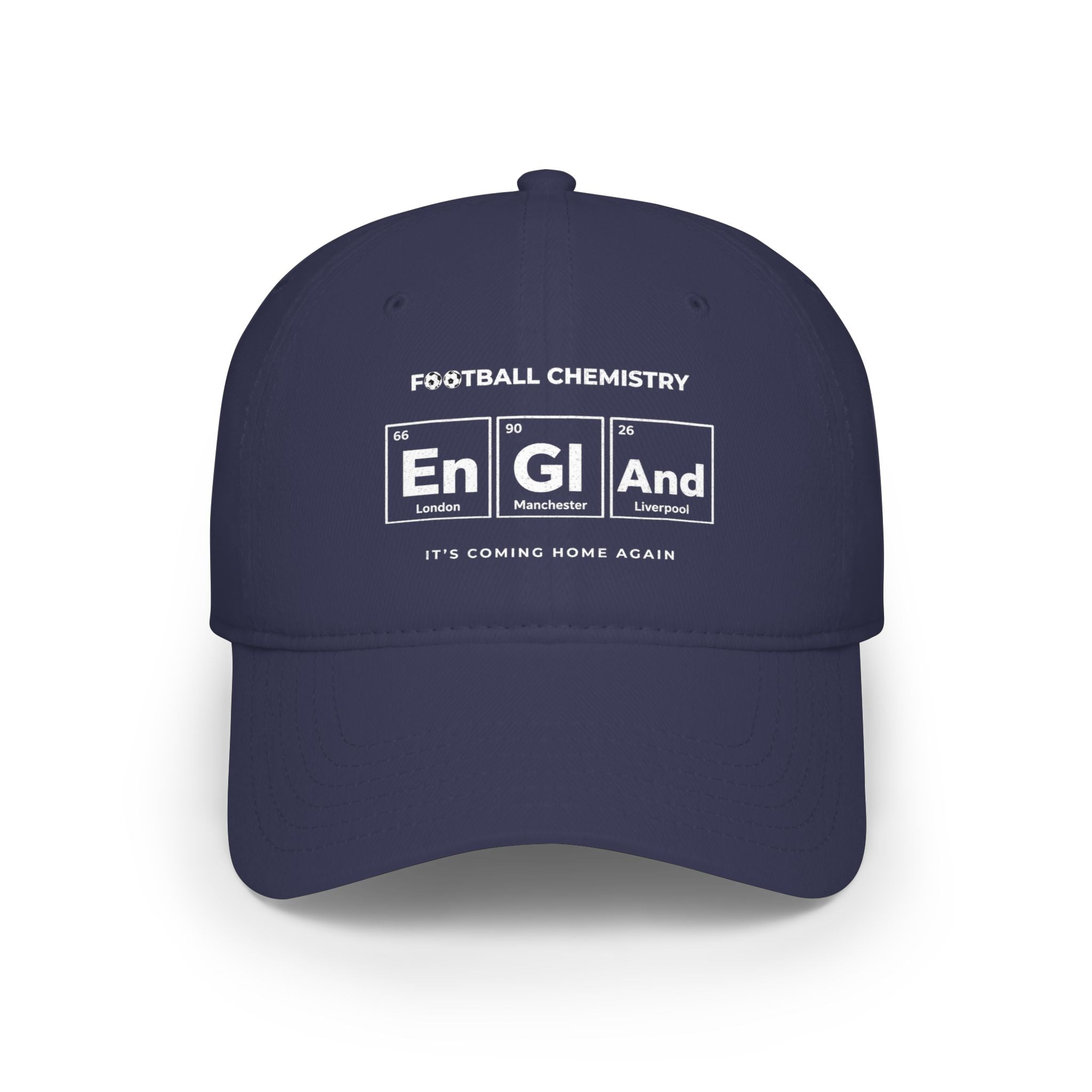 Navy baseball cap with "Football Chemistry" and "En Gl And" periodic table design.