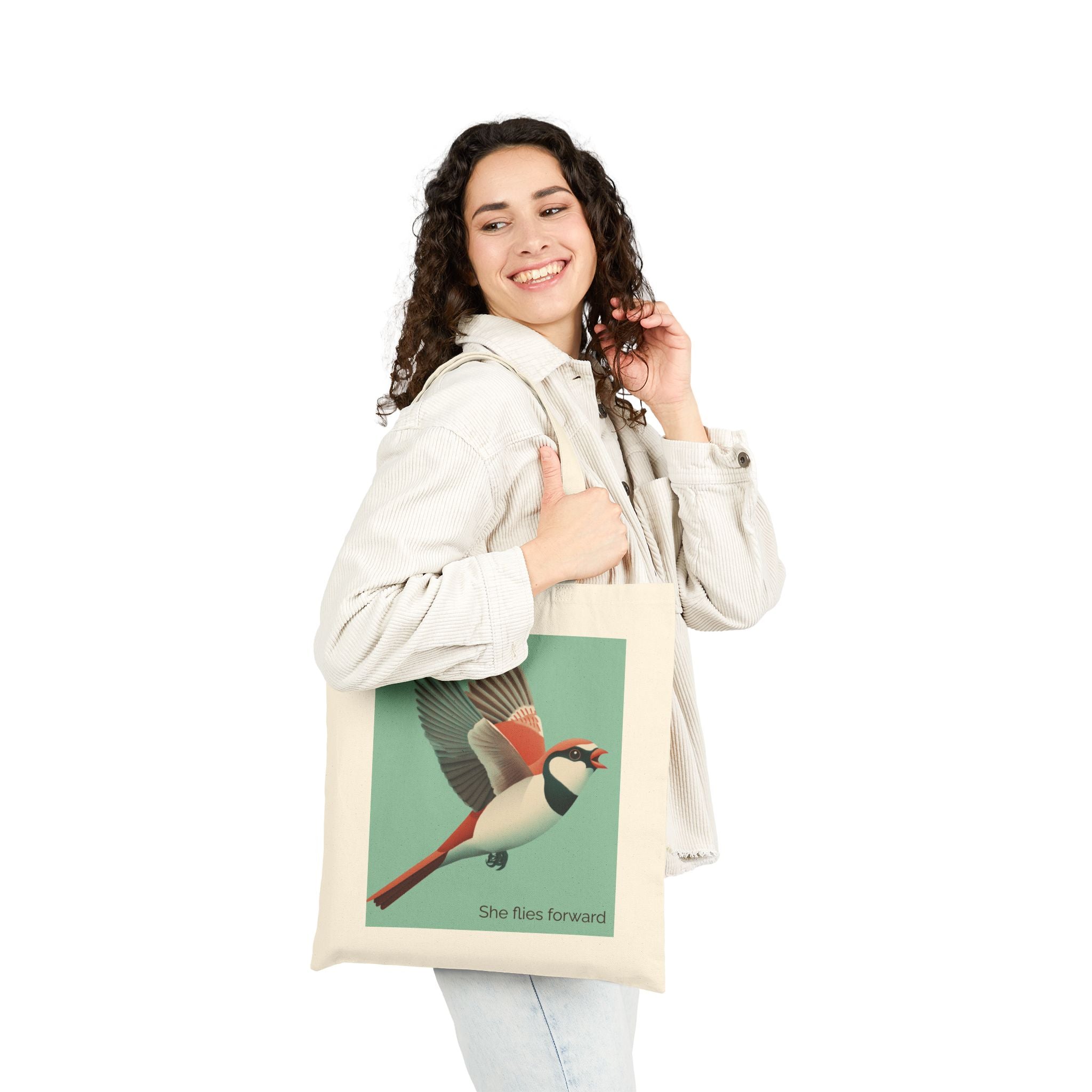 She Flies Forward Cotton Tote Bag | Motivational Graphic Green Minimal