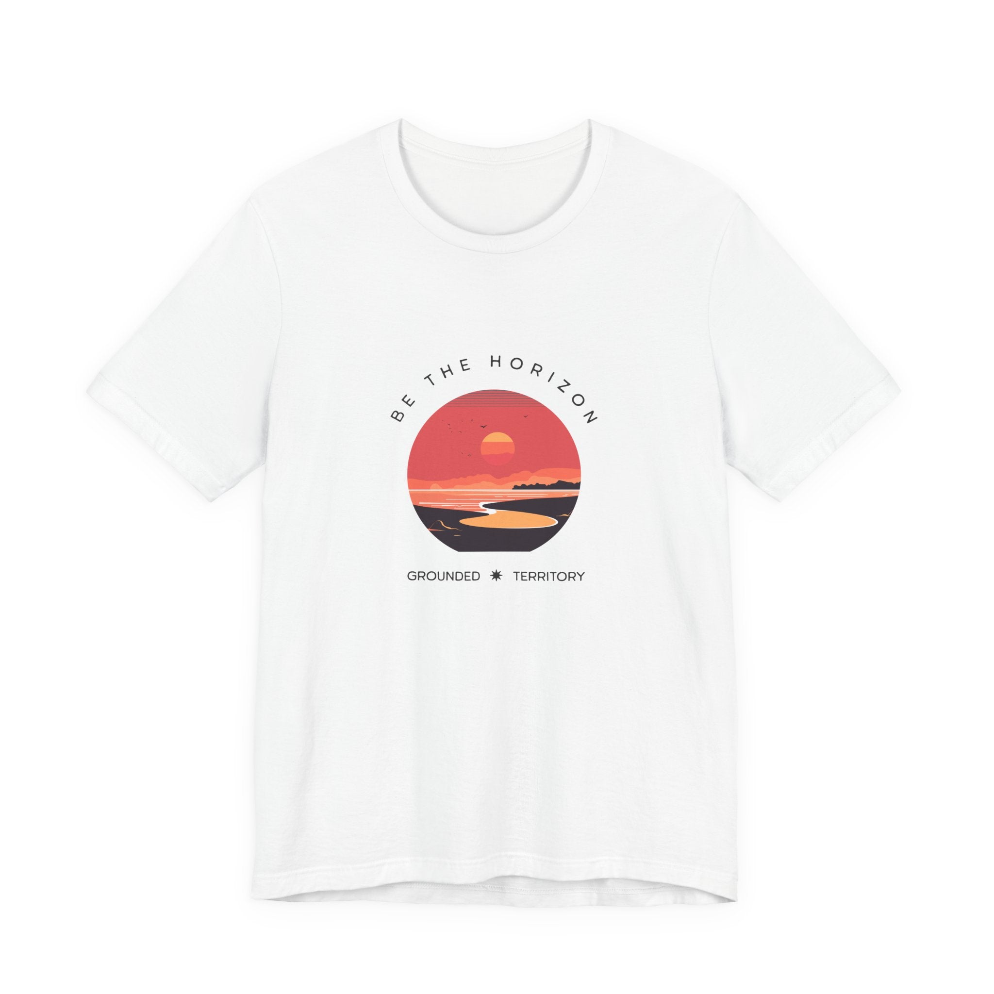 Be the horizon Line | Women's Motivational Graphic Circular Coral and Orange Sunset T-Shirt