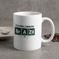 White mug with "Football Chemistry Brazil Rio Santos Sao Paulo" design.