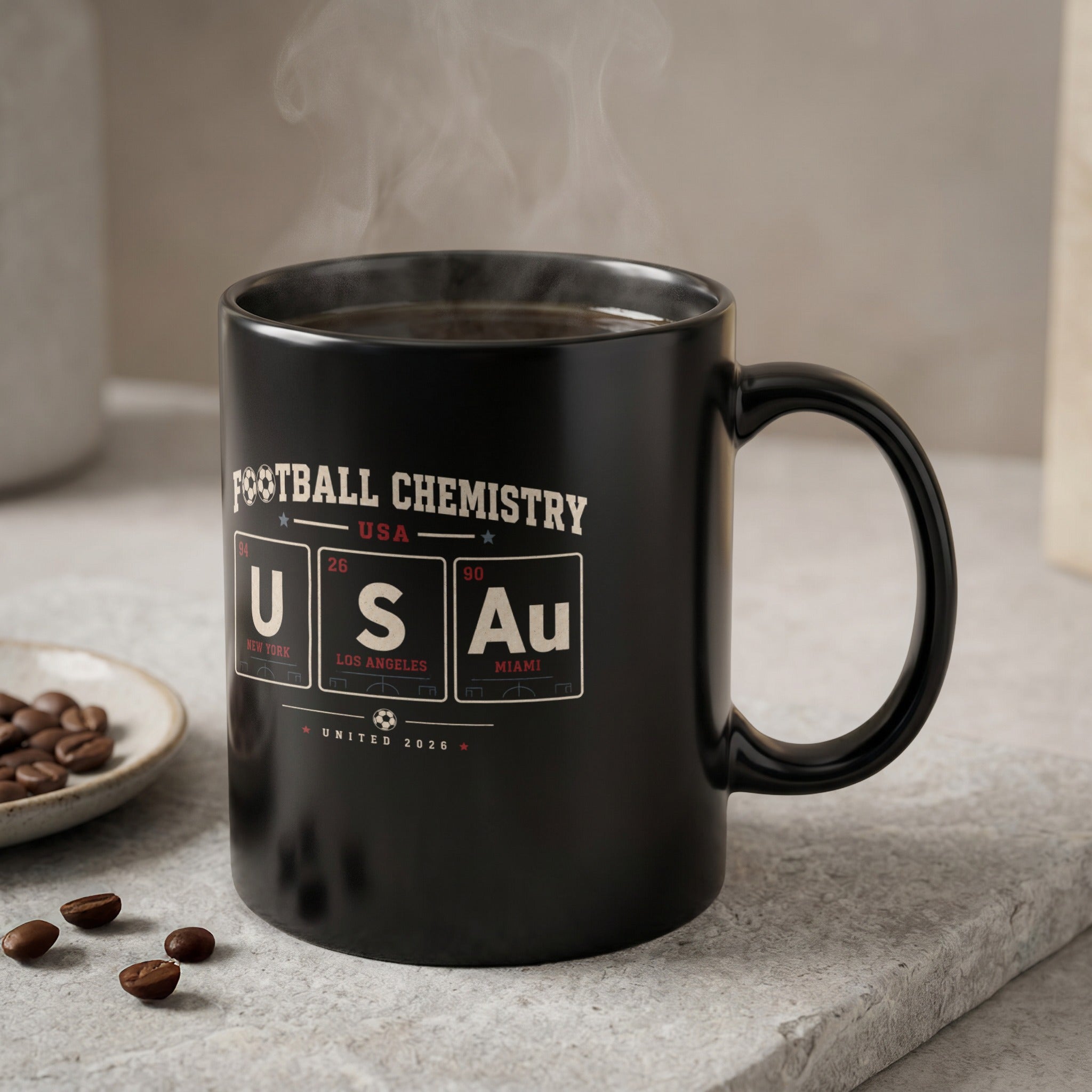 Black mug with "Football Chemistry USA" and periodic table elements representing cities.