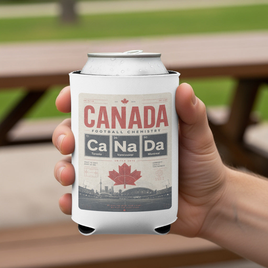 White can koozie with "Canada Football Chemistry" design featuring periodic table elements and Canadian cities.