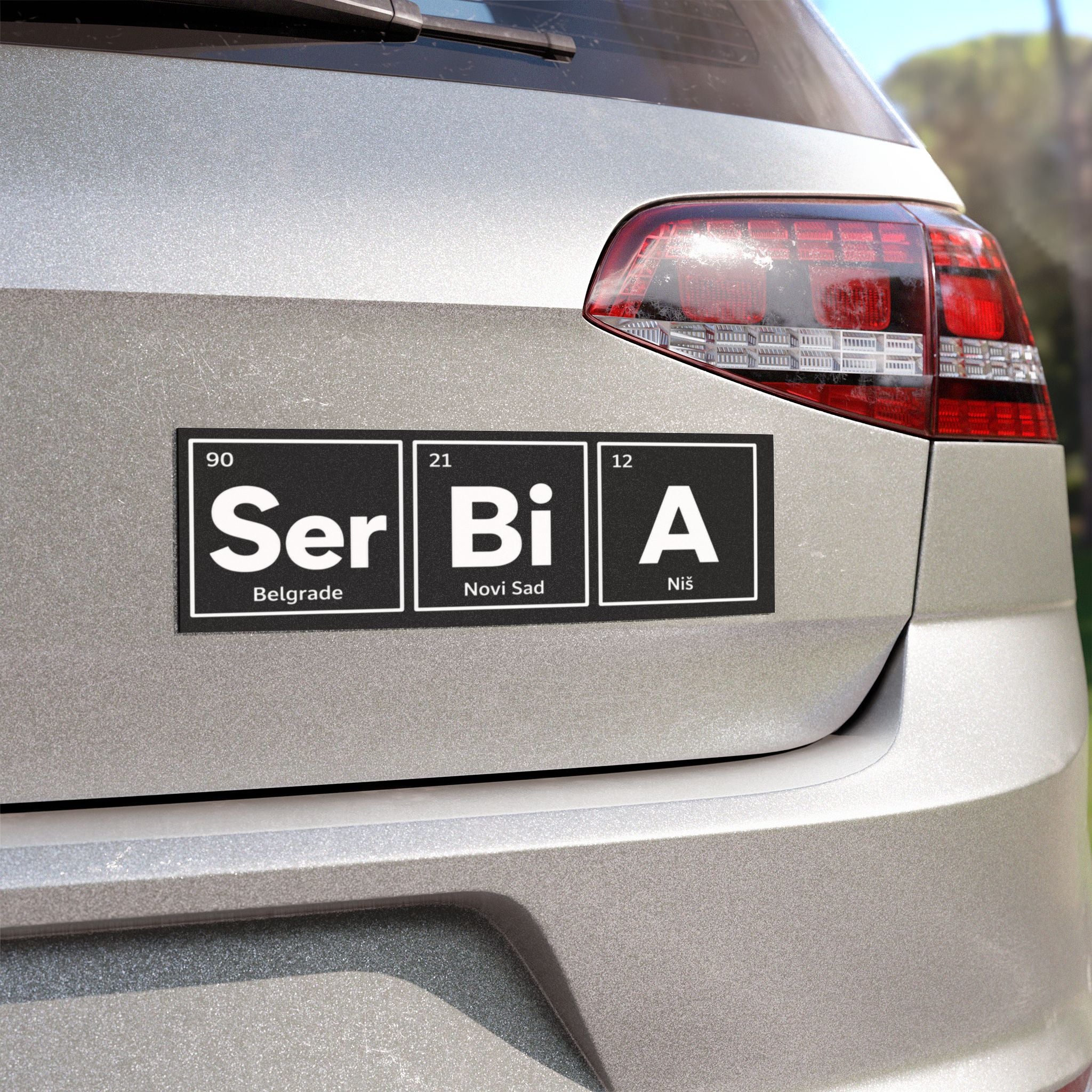 Serbian cities Belgrade, Novi Sad, and Niš in periodic table element style.