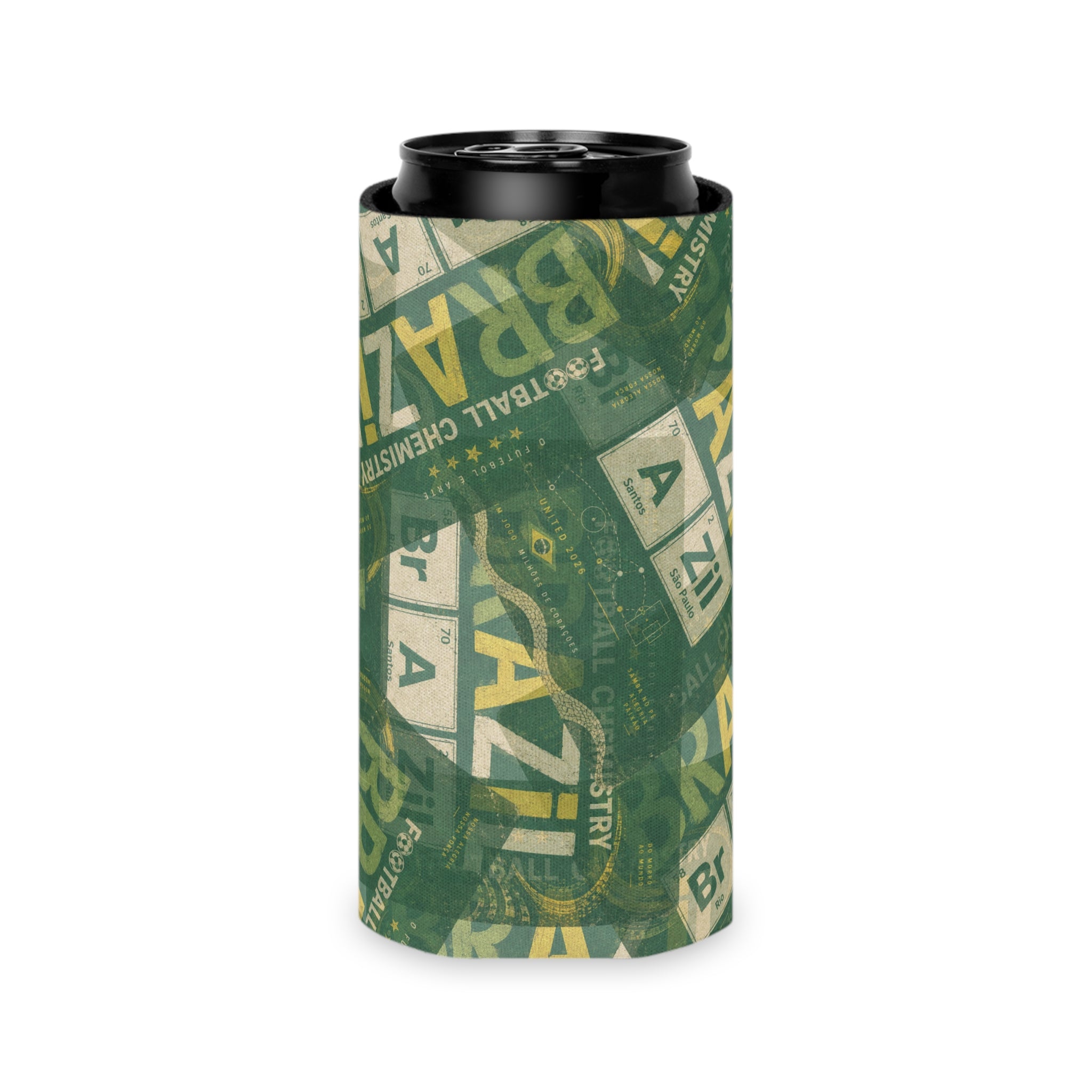 Brazil Football Can Holder | Green, gold, and chemistry.