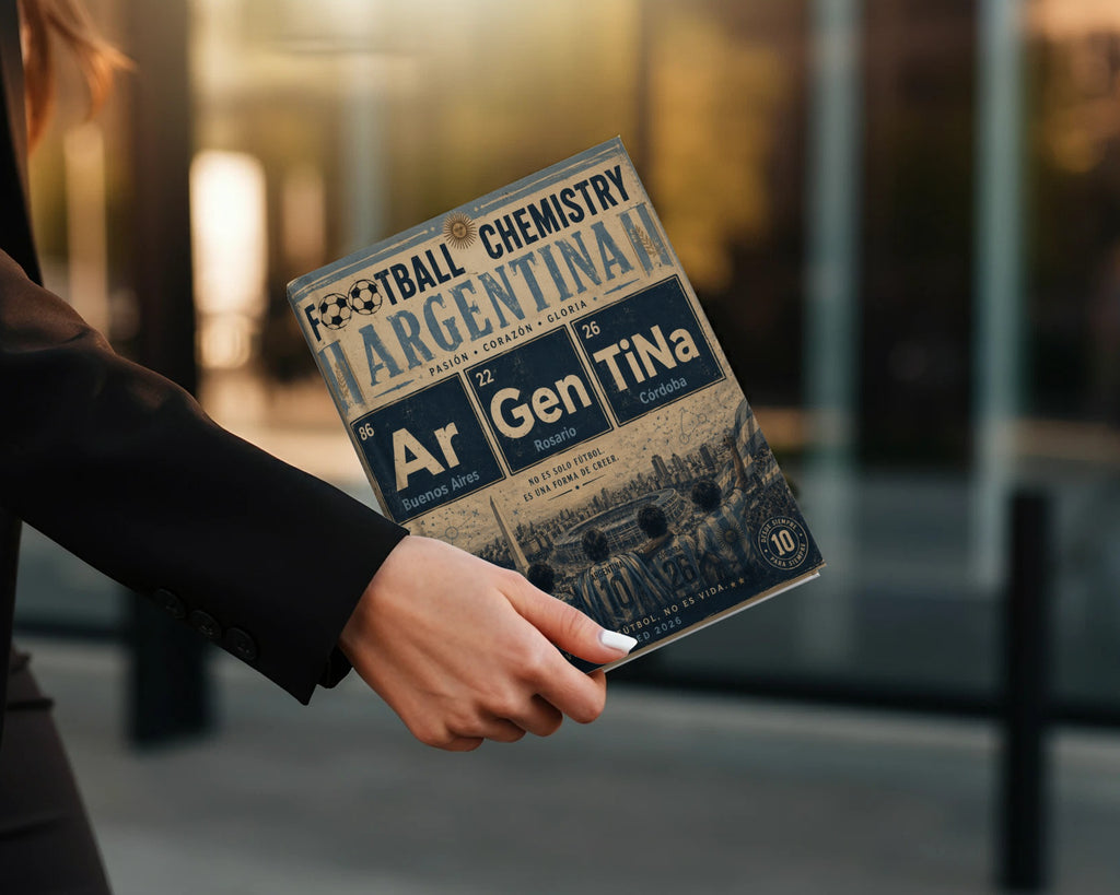 Book cover with "Football Chemistry Argentina" and elemental symbols.