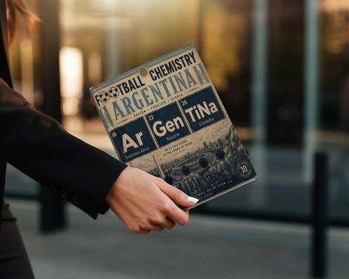 Book cover with "Football Chemistry Argentina" and elemental symbols.