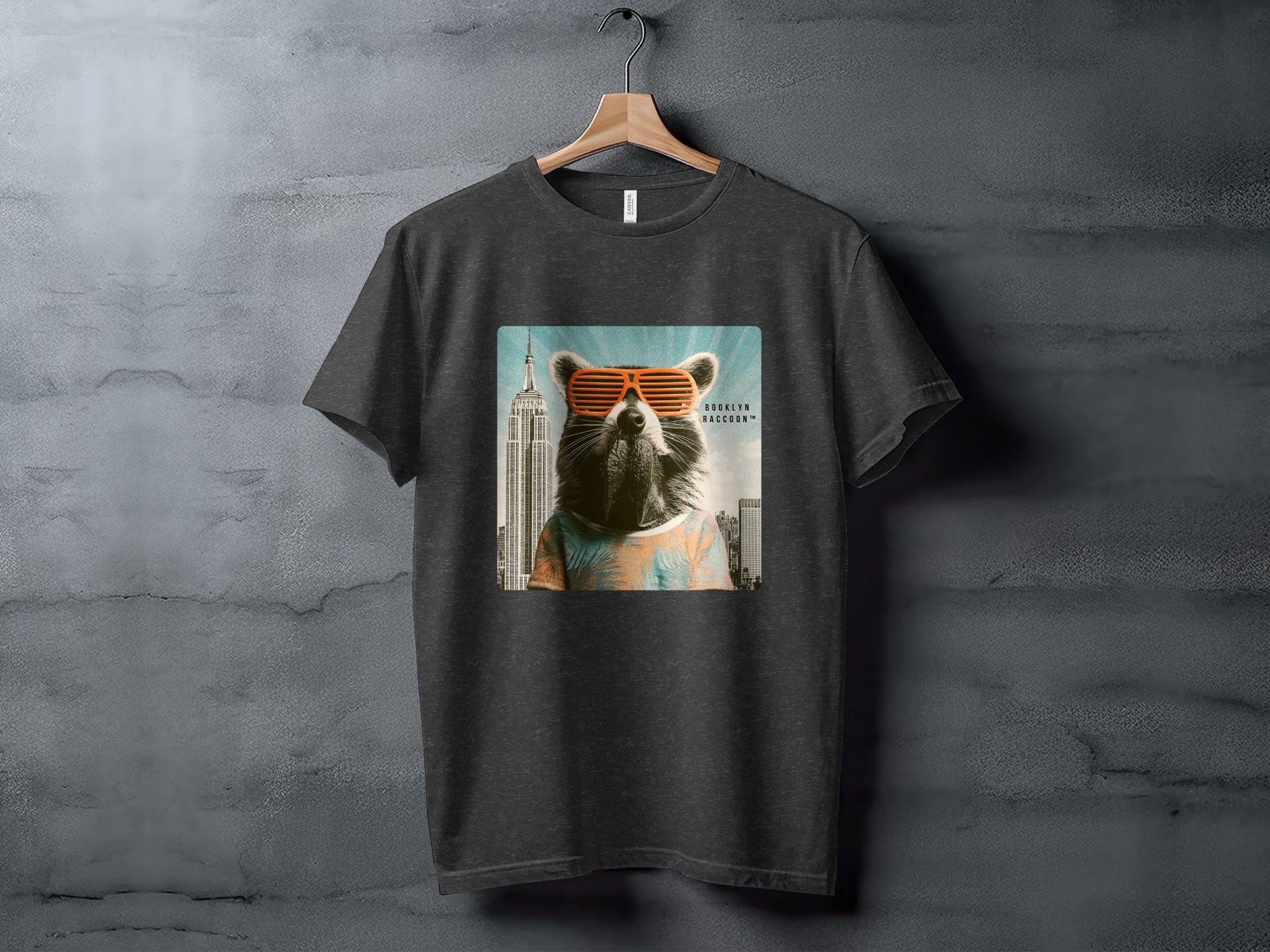 T-shirt featuring a raccoon wearing sunglasses with Empire State Building in background.