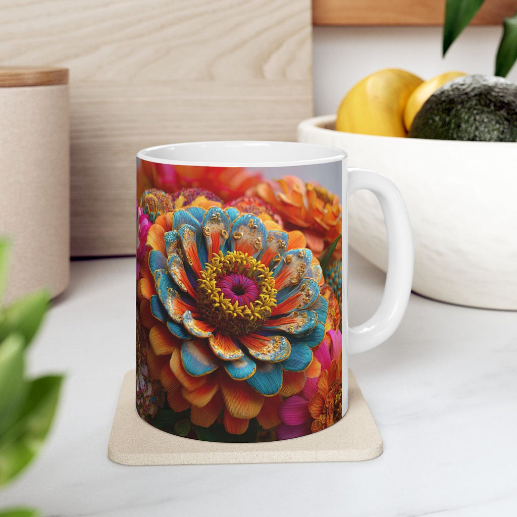 Zinnia Burst Ceramic Mug | 3D Embroidery style Botanical