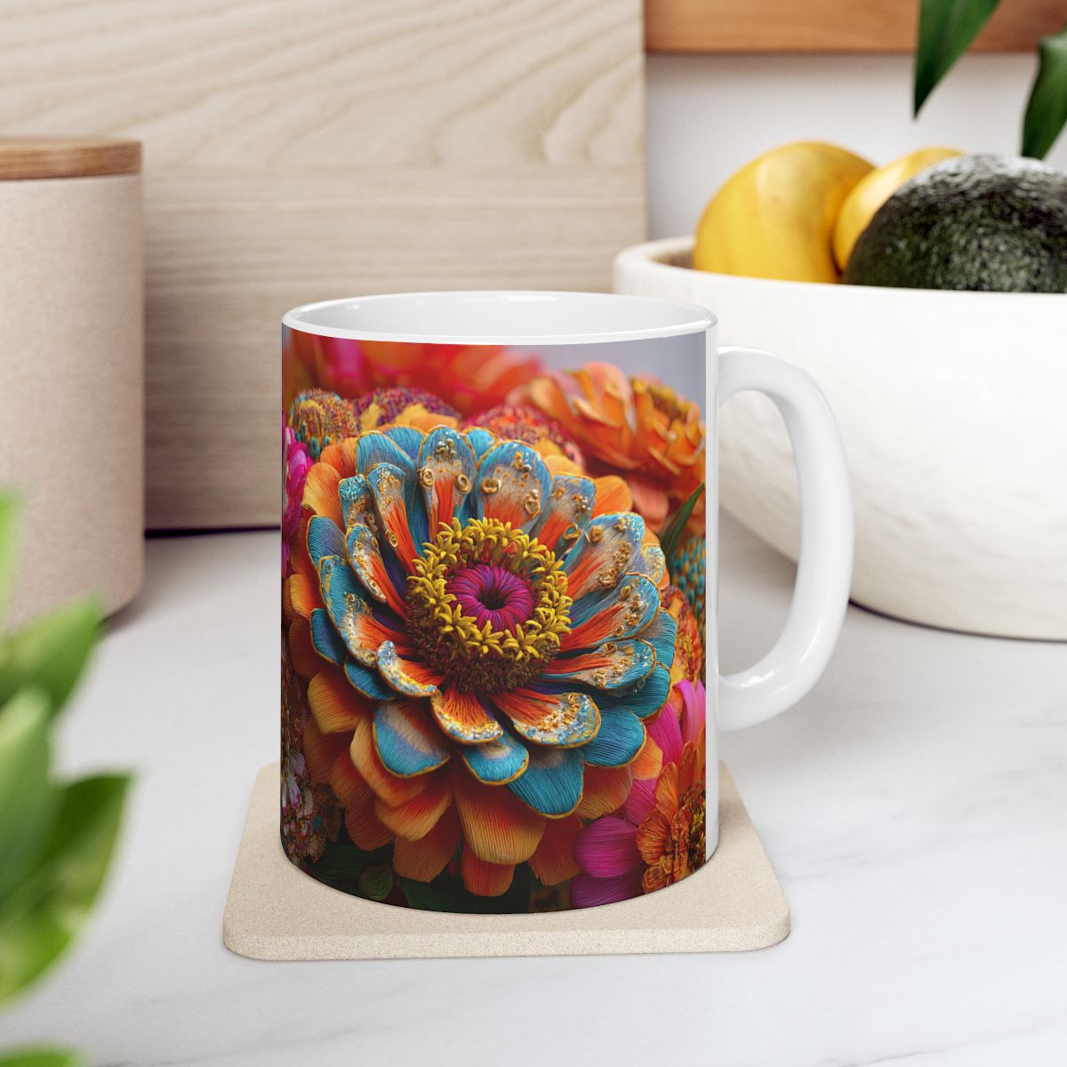 Zinnia Burst Ceramic Mug | 3D Embroidery style Botanical