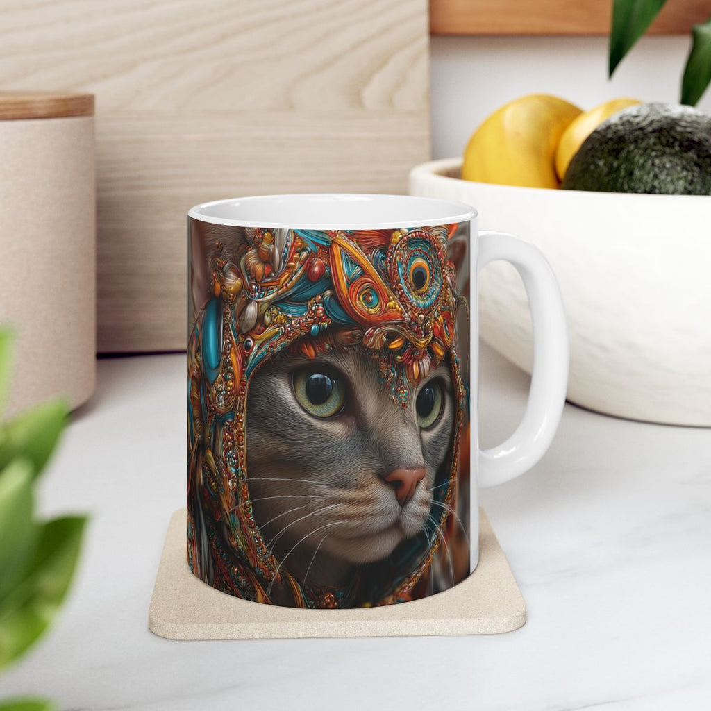 Ornate Cat Ceramic Mug | 3D Jewel Crowned Cat
