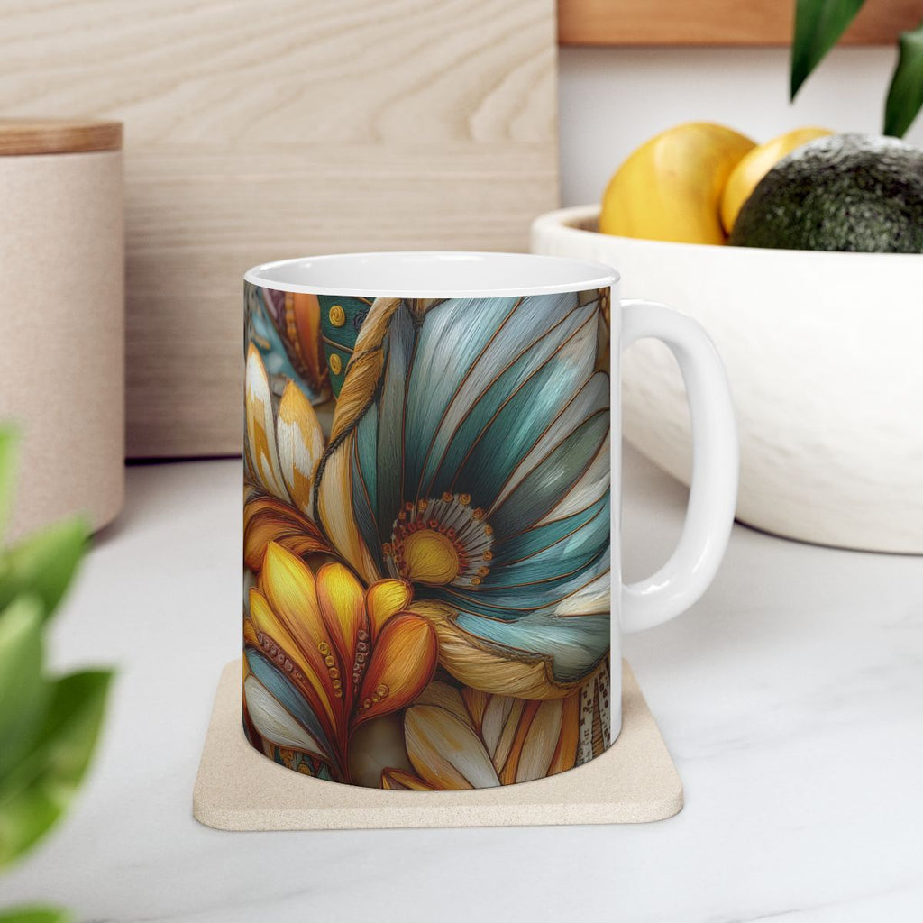 Sculpted Bloom Ceramic Mug | Botanical 3D Embroidery-Style