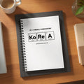 Notebook with "Football Chemistry" and periodic table elements for Seoul, Busan, Incheon, and Daehanminguk.