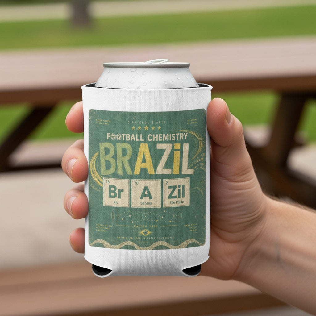 Can koozie with "Football Chemistry Brazil" and element symbols.