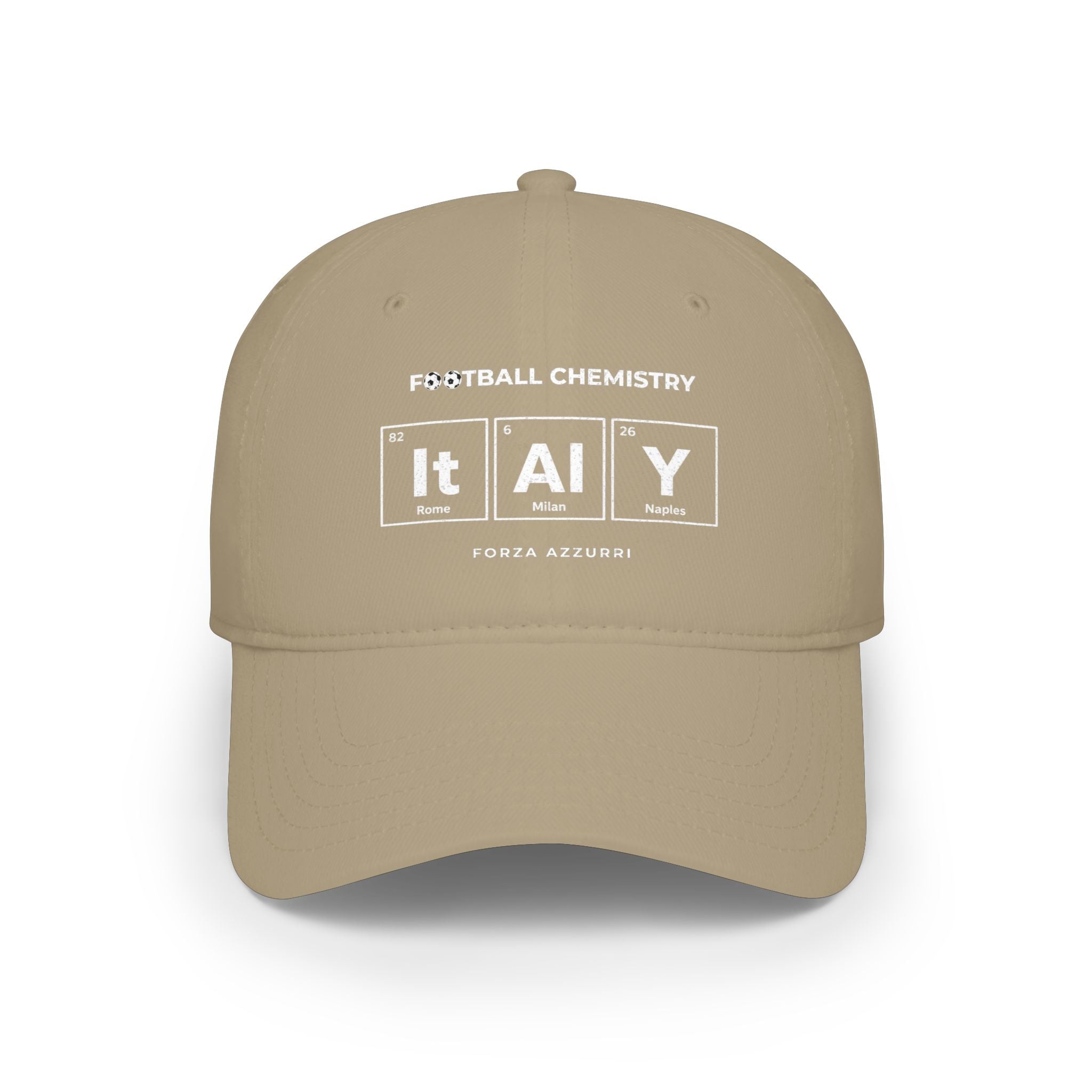 Tan baseball cap with "FOOTBALL CHEMISTRY" and "It Al Y" text.