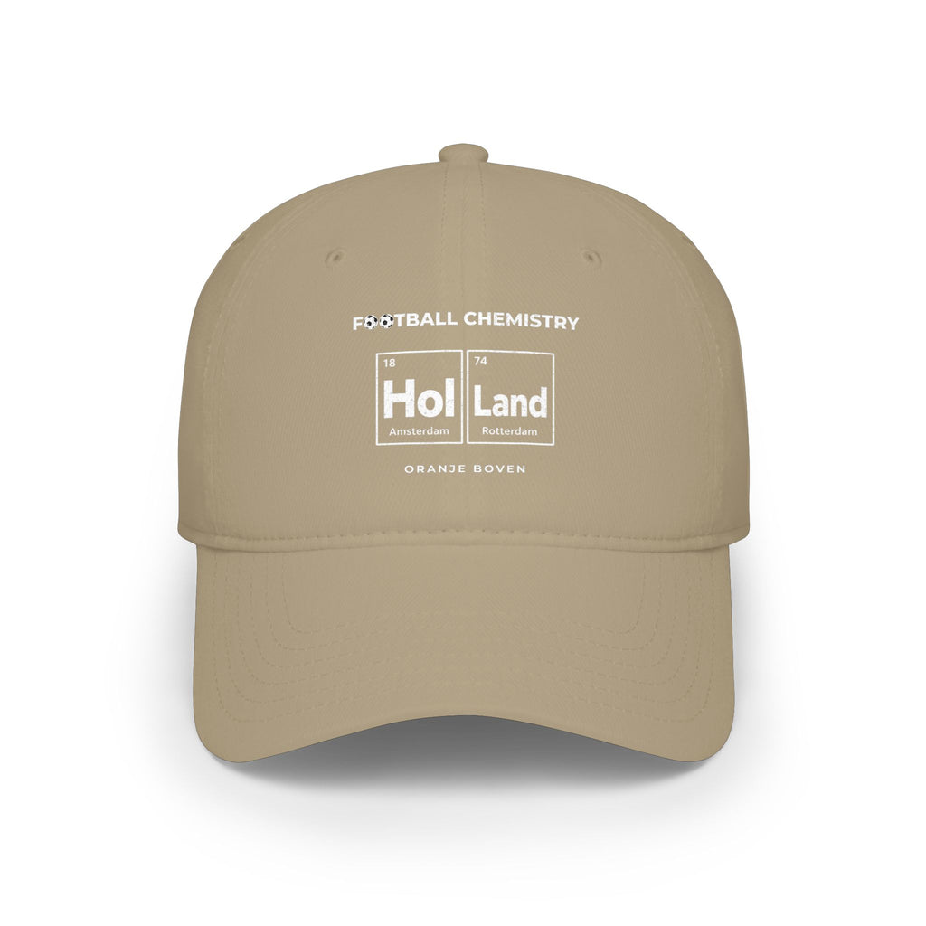 Tan baseball cap with "Football Chemistry" and "Hol Land" text.